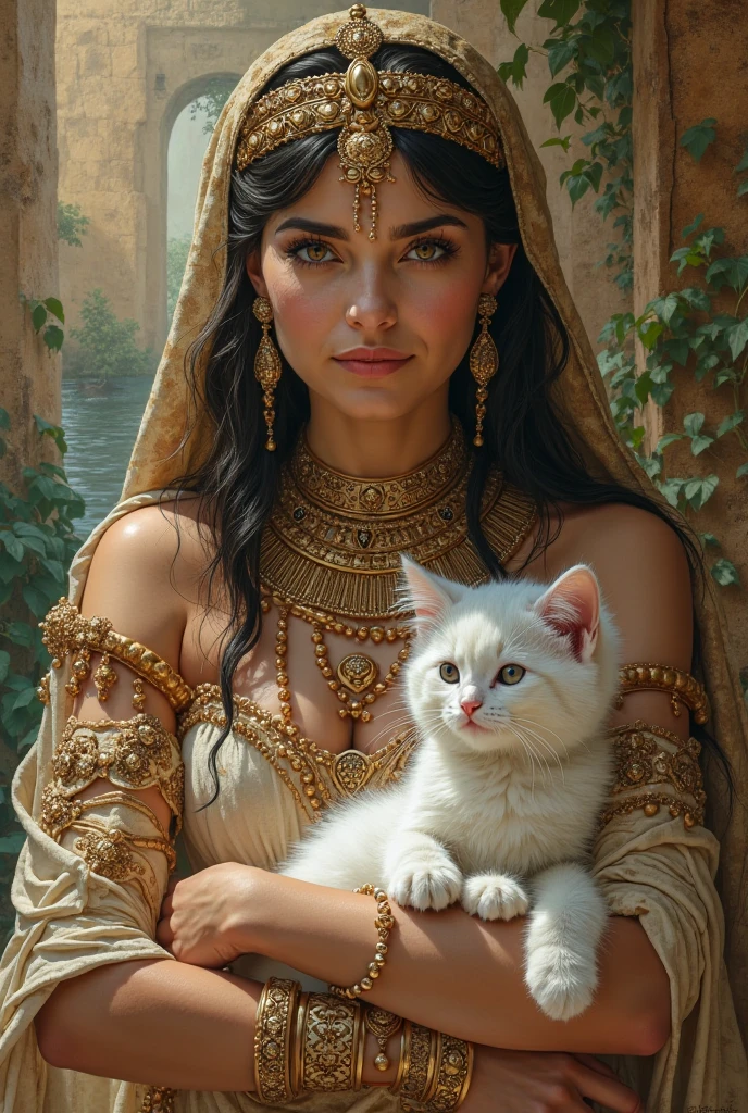 goddess, Holding a big cat, Heart Background