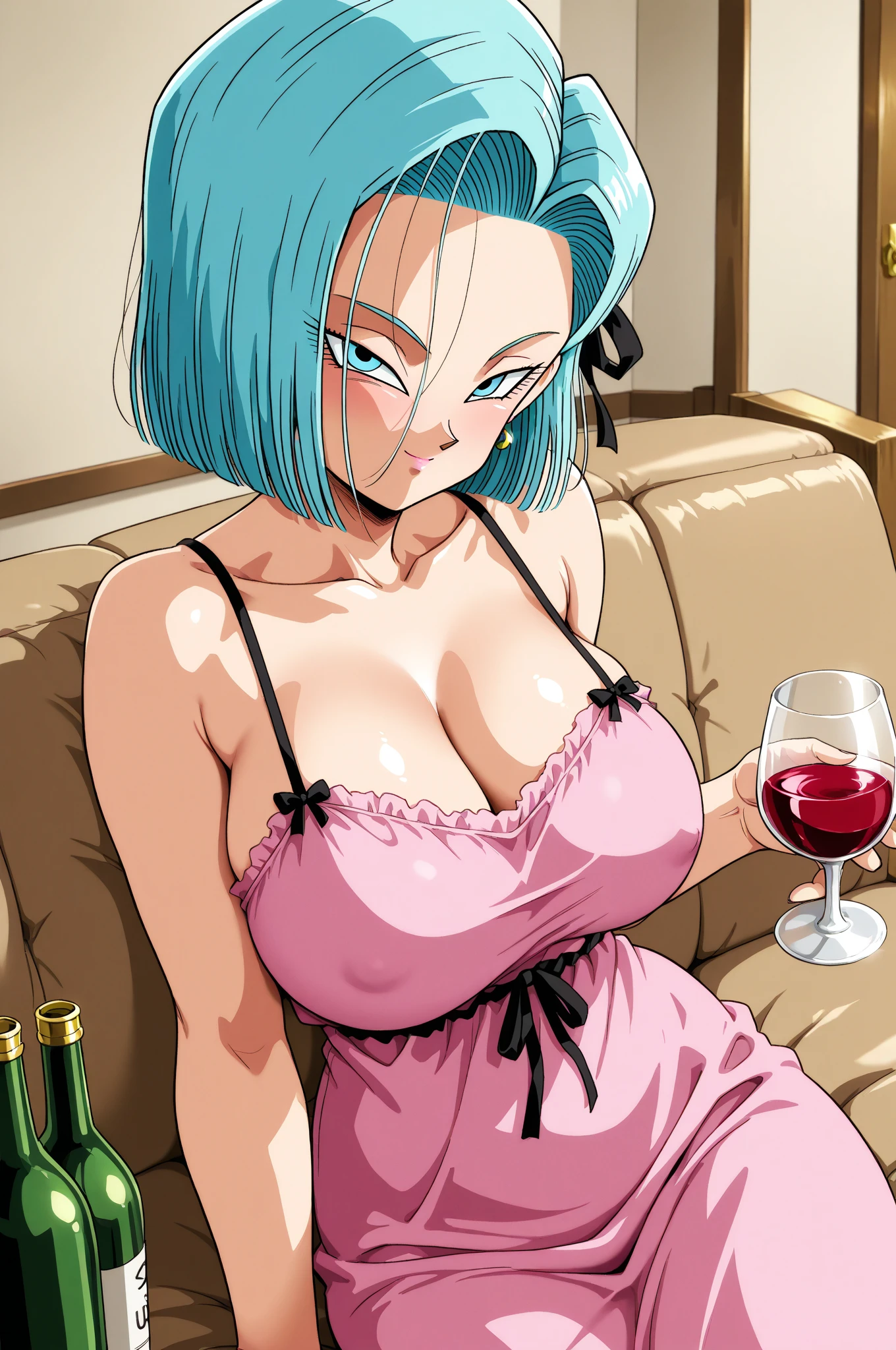 Blue hair Bulma in a sexy Lacey red lingerie,milf ,big breast