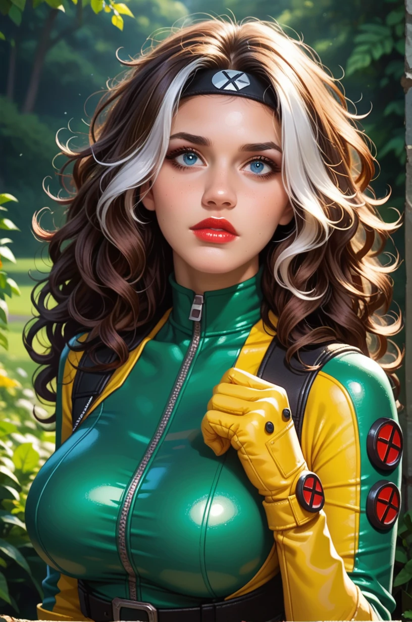 (masterpiece:1.0), (best_quality:1.2), (dark shot:1.3), Rogue from X-Men, 1 girl, Only 1, cowboy shot, looking to the side, green camisole top, tiny cut-off jean shorts, medium length hair, brown hair, messy hair, one lock of white hair, green eyes, sultry look, sexy smirk, fit figure, medium breasts, navel exposed, red lipstick, heavy makeup, light source from above, (realism: 1.5), (Realistic: 1.4), (Absurdity:1.4), 8k, ultra-detailed, Detailed Beautiful Woman, very physically fit girl, standing in a wheat field, official art, extremely detailed CG unity 8k wallpaper, perfect lighting, Colorful, ultra high res, photography, 8K, HDR, Kodak portra 400, film grain, blurry background, (bokeh:1.2), (vibrant_color:1.2), film grain:1.2, (warm hue, warm tone:1.2), (color photo), professional photograph
