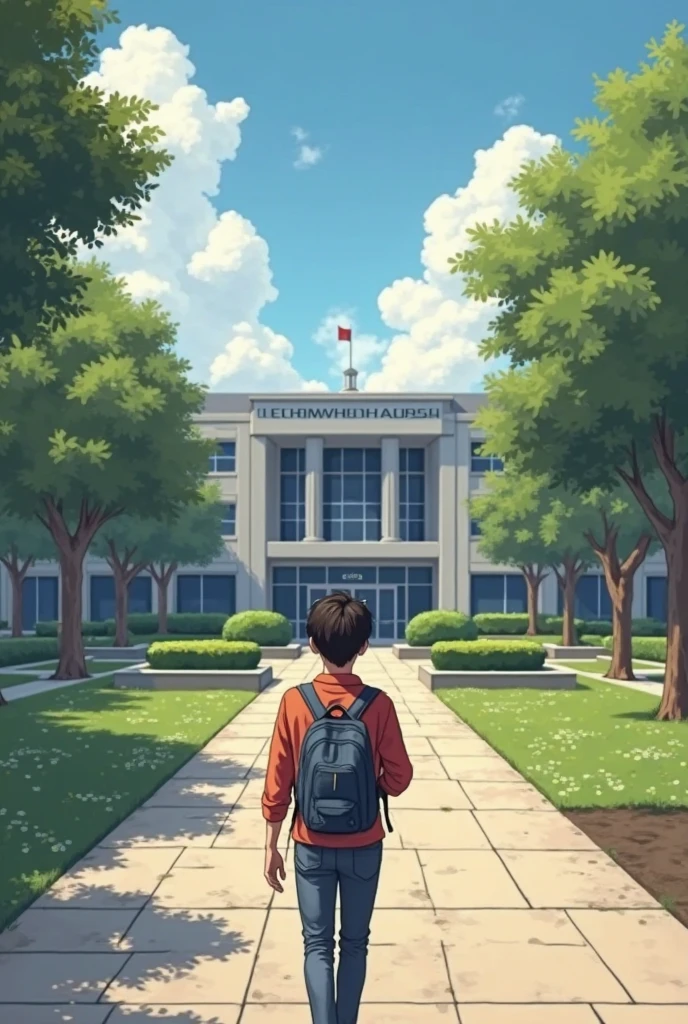 A ager stands in front of a large, magnificent school building., with classical architecture and pillars. The teen looked anxious and curious., wearing school uniform and carrying a backpack. In the background, The school building has large windows and a garden around it.. in the classroom, the atmosphere seems normal but there is tension among the students. Some students look confused or anxious., and there is a rather gloomy atmosphere with faint shadows around. In the background, The wall clock shows the end of the lesson and the blackboard looks empty.