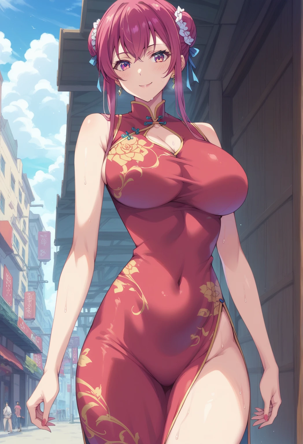 masterpiece,highest quality,(Super detailed),masterpiece,written boundary depth,perfect sentence, Detailed CG,Super detailed,(highly detailed eyes,very cute face,highly detailed face:1.3),beautiful anime girl,(solo girl:1.9),(super huge breasts:1.9),(pink hair,low twin tails:1.5),(light blue eyes:1.3),(smile full of joy:1.3),open your mouth,show viewer,break,(red cheongsam,gold embroidery:1.5),(side boob),cleavage cutout,slit,off shoulder,removable sleeve,micro mini skirt,chinese style background,break,dynamic pose,raise one leg,(Kung Fu Demonstration,are fighting:1.4)