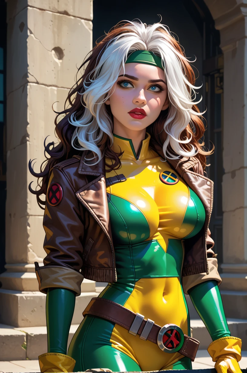 jenna louise coleman、Wet、full body figure, long hair, brown hair, green eyes, lipstick, compensate, lips,Emphasize cleavage、 sexy、White stripes in hair, like, wavy hair, messy hair, curly hair, middle～big breasts, Surface Plot, ((Kelli Berglund:Bailee Madison:0.5)), 黄colorのスーツ, Jacket, gloves, belt, gloves amarillos, Green Suit, (body suit:1.4), Traje multicolor, (superhero:1.4), tight skin, Ropa multicolor, Garden and wisteria background, official art, extremely detailed CG 8k wallpaper, perfect lighting, De color, bright_amount_method_light, piel bright, (masterpiece:1.0), (Better_quality:1.0), ultra high resolution, 4k , Super detailed, director of photography, 8k, HDR, Altas Resolightones, (disorganized:1.2), kodak portrait 400, film grain, blurred background, (Bokeh:1.2), Lens flare, (lively_color:1.2), professional photography, (beautiful_method:1.5),More detailed 8K.unreal engine:1.4,Hmm,La Better calidad:1.4, realistic:1.4, skin temperature:1.4, masterpiece:1.8,masterpiece, Better calidad,object object], (detailed facial features:1.3),(Antesedentes apocalyptic destroyed city:1.4), (Apocalyptic Sunset:1.4)