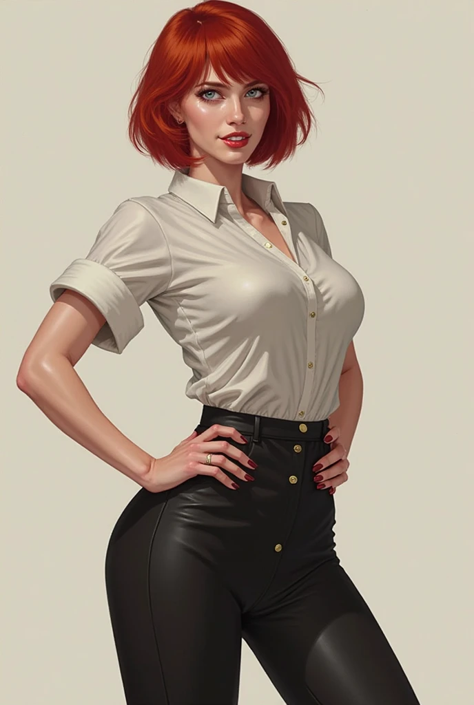 Taki, sitting on a table , (heavy eyeshadow, red lips), slender, White open shirt, no bra, pendant, fantasy art, concept art, delicate features, feminine, auburn hair in a loose bun, seductive, Chiaroscuro lighting, (style of howard chandler christy:1.0), (charcoal sketch by jean-joseph benjamin-constant:1.3)