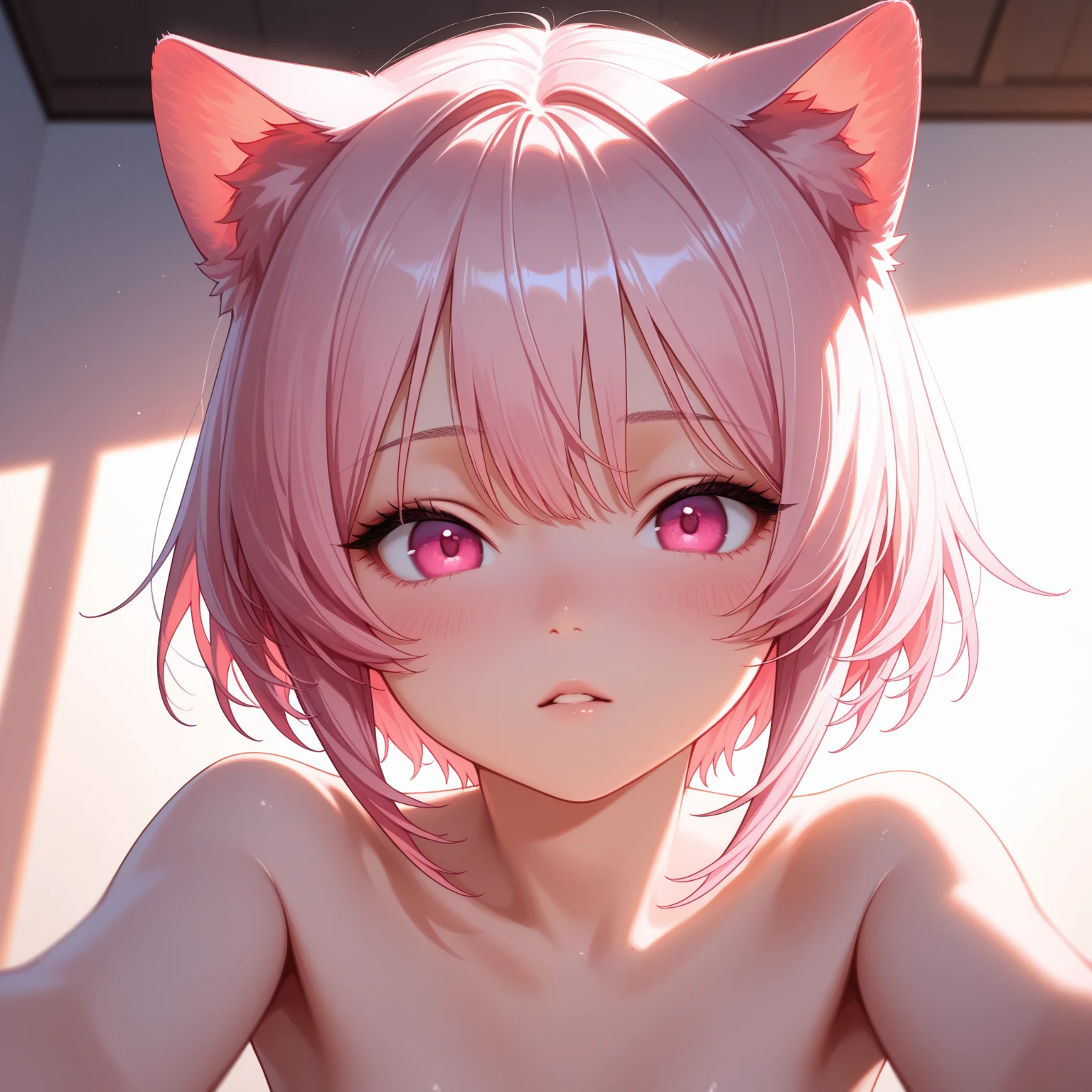 cat girl,pink body fur,neck fur,full face blush,grin,drool,midnight,light off room,girl on top,fiercely sex,moonlight through windows with white curtain,shiny skin,light and shadow,face steam,mouth steam,low angle,nude,looking at viewer