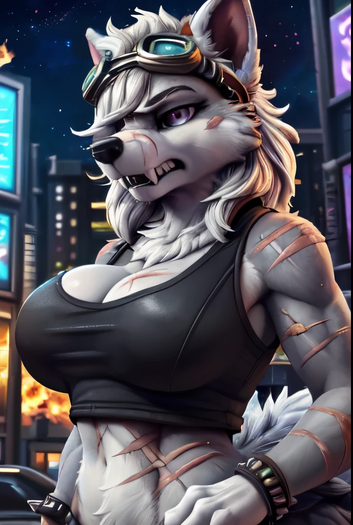 Loona hellhound, Solo, female, hellhound, doe, fur, grey fur, grey body, (((muscular))), slightly chubby, big, large, wide, thick, green eyes, detailed eyes, blonde hair, short hair, red hair tips, red highlight in hair, emo hair, smiling, underwear, bra, cleavage, big breasts, alleyway, plants, snout, bulge, big bulge, outline visible through panties, by inu-sama, by dogsmith, by kishibe, by Einshelm, by chelody, by dimwitdog, standing