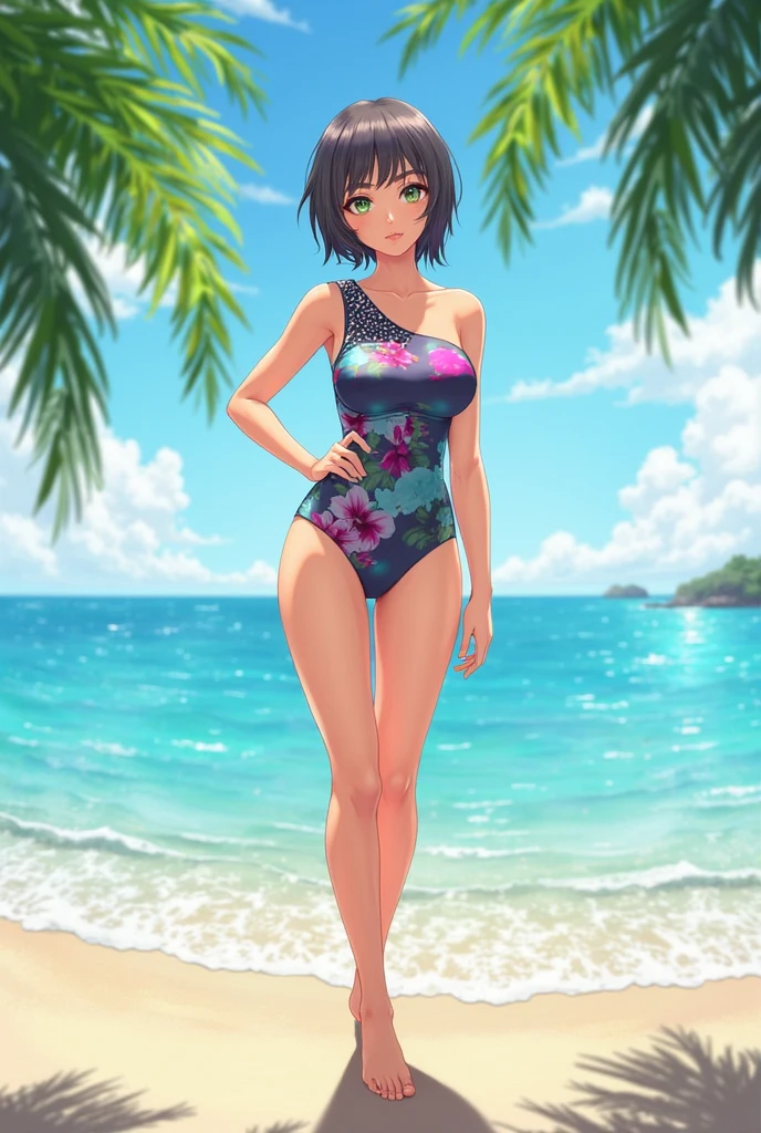 ((highest quality, masterpiece, High resolution)), ((reality)),Photos of beautiful Japanese women,((anime art))、 (((1 girl))), normal size breasts, slim body shape,  medium short hair, double eyelid, Wet see-through one-piece swimsuit,,  A pareo with bold ethnic patterns and plenty of primary colors、realistic skin、Wet,whole body,cinematic light、tropical、Against the background of palm trees on both sides、on a sunny beach、With the sea in the background、blur background、Clean abs,