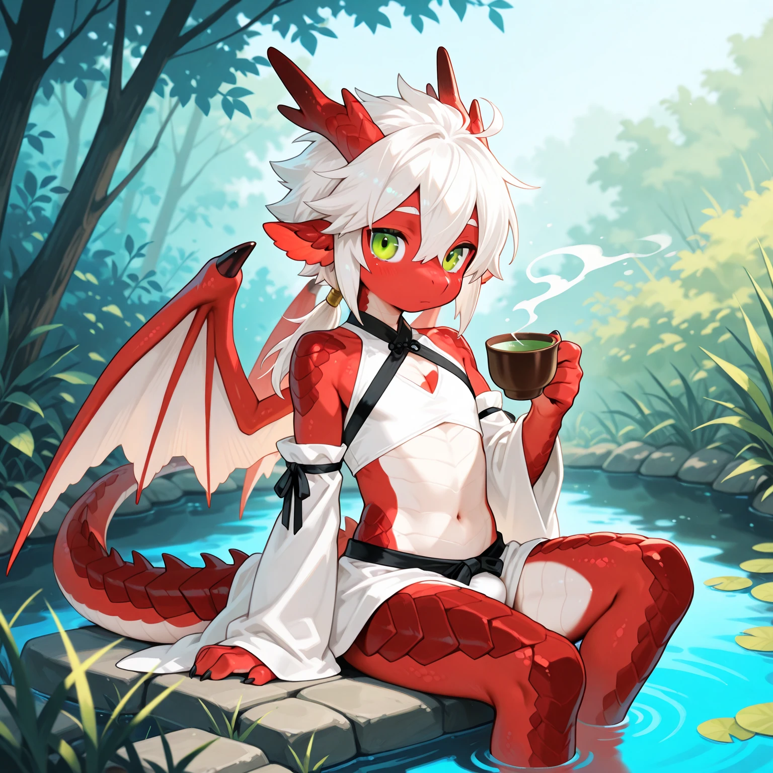 ultra-detailed, masterpiece, masterwork, high quality, best quality, hdr, (nature, hot spring), nsfw, female, solo, dragon, (nude,), (red little body minotaur), (white body), (long golden hair), (chibi), detailed yellow eyes, sitting, dynamic angle, sweat, wet, (foreskin, perfect balls),
