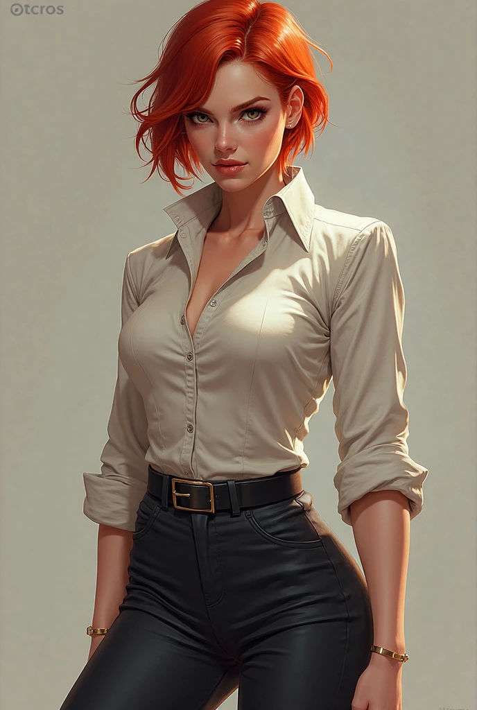 white silk shirt, deep v neck, business suit, red lace bra, pencil skirt, Carolyn Dunn, red hair, bob haircut, blue eyes