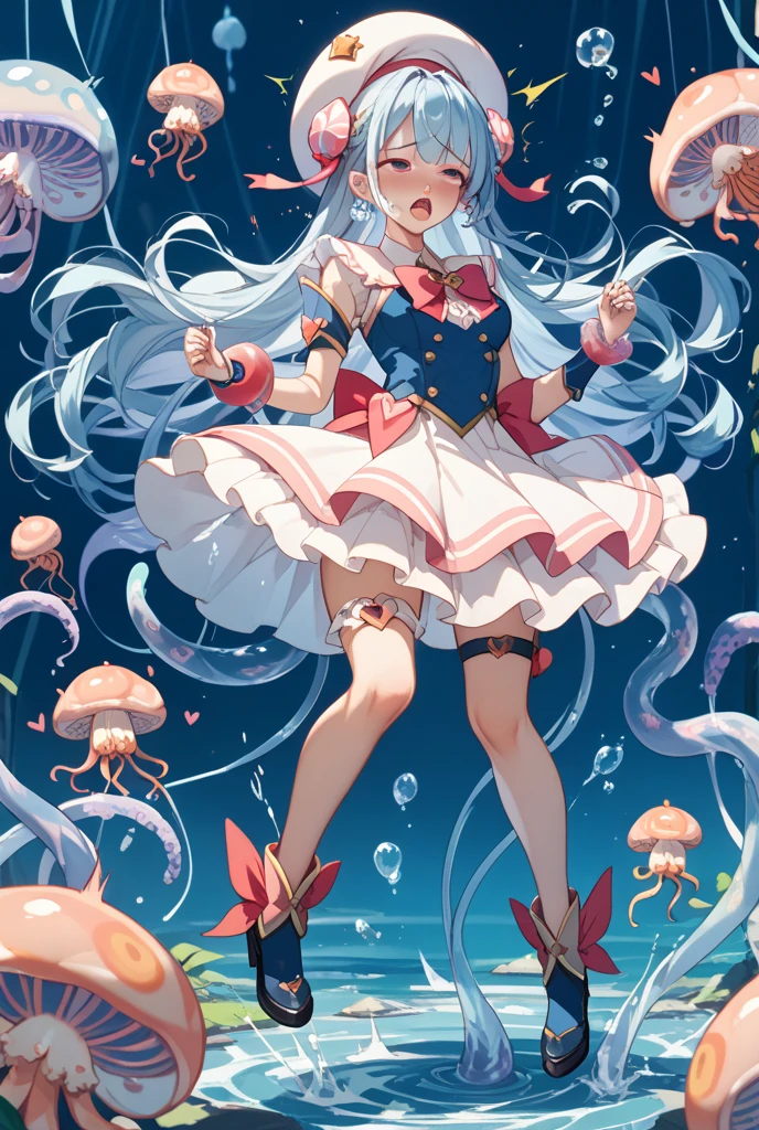 (((best quality))), (((masterpiece))), (Ultra-detailed:1.3), (Highres), Amazing, intricate, illustration, (artgerm:1.2), (((extremely detailed wallpaper 4k CG unity))), official art, original, intense angle, sunlight, (high contrast:1.2), (colorful), cinematic lighting, (an extremely detailed and beautiful:1.33), ((young petite female model)), (cute:1.33), sitting, ([diamond:1.3|eyes]:1.2), big round eyes, v-shaped_eyebrows, long white eyelashes, (seductive laugh), ([opal:1.9|gradient_hair:1.3]:1.2), (hair dripping:1.25), (detailed super oily shiny skin:1.2), (skin dentation:1.2), ([wet:0.8|mucus]), armpits, (detailed hands and fingers:0.9), simple clothes, backless, (pleats:1.2), cross_necklace, (white lavender [school open back plunging shirt:0.3]:1.3), (medium breasts:1.15), (innerboob cutout:1.2), (inguinal cutout), no panties, (sketch:0.8),the 2D anime girl sits on a giant toadstool, surrounded by giant mushrooms and colorful butterflies,no shoes,(wet) clothes,(wet) thighhighs,She has a curious and adventurous expression on her face,as she explores the strange and wondrous garden. (blush),Her hair is styled in pigtails, the color of candyfloss, adorned with a pair of oversized bows. She holds a lollipop in one hand, and a butterfly in the other hand. The atmosphere is whimsical and playful, it's clear that she is in her element and enjoying the moment of the fantastical garden.,specter \(arknights\), red_eyes 1girl, bangs, bare_shoulders, breasts, cloud, detached_sleeves, hair_between_eyes, long_hair, looking_at_viewer, medium_breasts, red_eyes, silver_hair, solo, very_long_hair, white_headwear(nsfw:1.0)(wet_clothes:1.3)(very_large_breasts:1.4)(female fluid ,steam,(blush,sound_effects,twitching,trembling,trembling,bouncing breasts,Untidy hair,steaming_body:1.1)   (cun in face:1.2)(nsfw:1.0) (nude:1.0)(nipples:1.5)(pussy:1.5)(stationary_restraints:1.2) plug, medium breasts,(looking at viewer:1.2)(spoken heart,spoken blush:1.2), juice:1.3),(female fluid ,steam,(b
