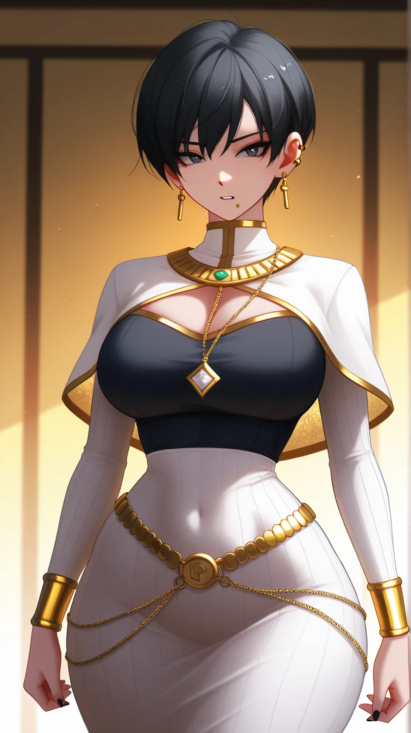 Simple white background,glitter,
barefoot,white dress,cleavage,collarbone, Navel,bare shoulders, Gold leaf on head,
bracelet, earrings, jewelry, gem,Pearl, Green eyes gold necklace, Black hair,explosions,short hair hair,
1girll, 20yo,young woman,Beautiful Finger,Beautiful long legs,Beautiful body,
Beautiful Nose,Beautiful character design, perfect eyes, perfect face,expressive eyes,Perfect balance,
looking at the scenes,(Focus on her face.),closed mouth, (innocent_Large_Eyes:1.0),(light_smile:0.3),
formal art,Highly detailed CG module 8K rear, perfect illumination,Colored, bright_front_face_lighting,white-skinned,
(Masterpiece:1.0),(best_quality:1.0), very high resolution,4k,A highly detailed,
photography, 8k, hdr, highres, absurdres:1.2, Kodak portra 400, grain du film, blurry background, bokeh:1.2, lens flare, (vibrant_color:1.2),professional photo,
(A beautiful,Large_breasts:1.4), (A beautiful_face:1.5),(narrow_waist), setting huge breasts smile closed mouth lipstick green lips bed earrings