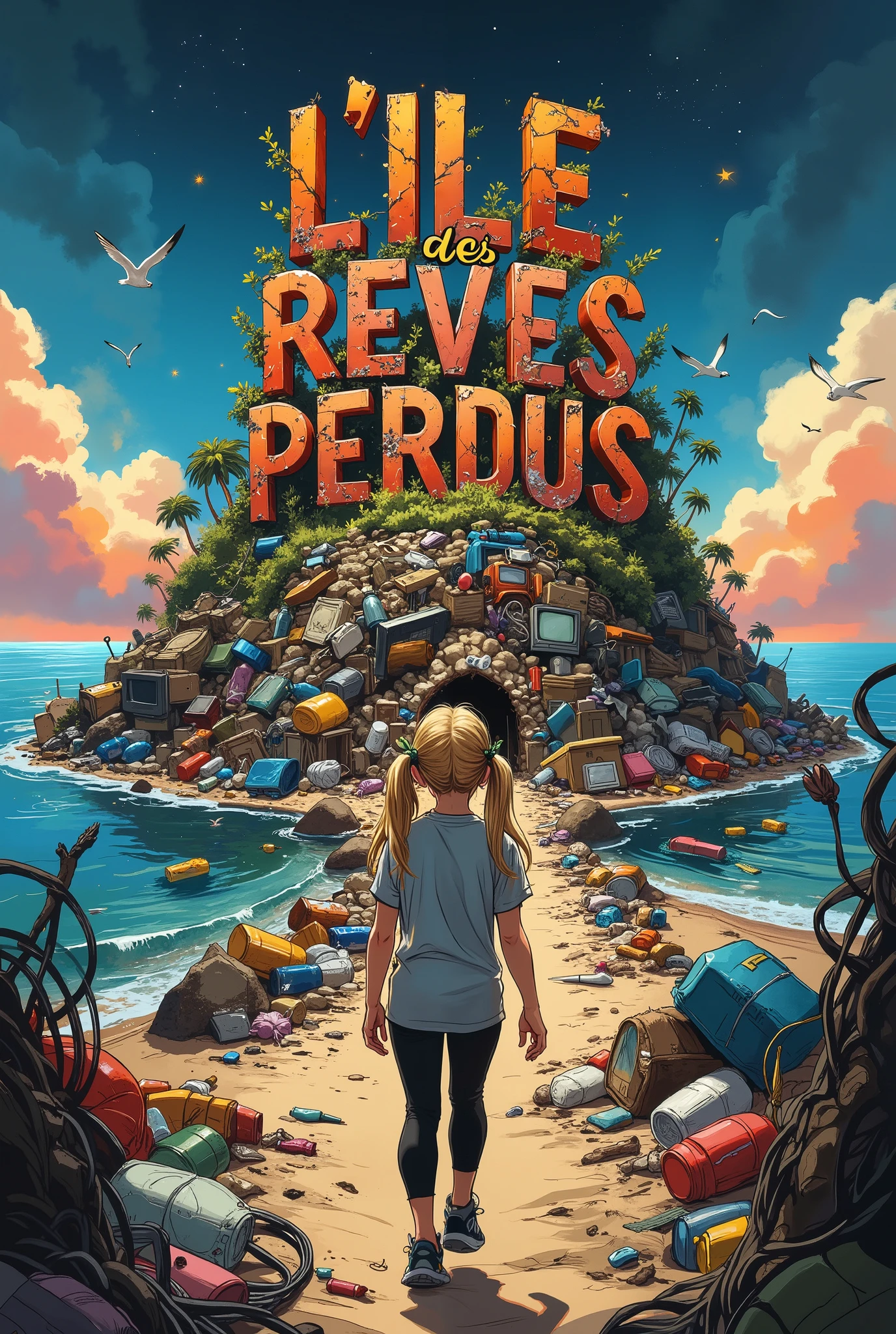 A whimsical, vibrant illustration featuring the title : “L'ILE des REVES PERDUS” made in recycled waste, garbage damaged letters in a grunge, gross, cartoon font, this title on top of a nasty polluted island hill of trash, a dirty ocean around filled with black oil, fishing nets, plastic bottles, plastic bags, cardboards, papers, boxes, computers, electronic devices, broken stuffs, tv screens, miscellaneous equipment, seaweeds and cans floating on water with dirty waves. A girl seen from behind, long blonde hair pigtails wearing a legging, t-shirt and sport shoes, is walking on a sandy filthy path beach leading to this island littered with rubbish and wires. All in a joyful and colorful scene, Sunset lighting mood, backlight, night sky stars and little seagulls far away, at dusk with clouds in a dreamlike background, fantasy, original perspective in a ren’s book style