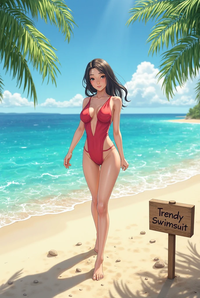 female, red messy hair, pink eyes, (((1girl))), (((golden brown bikini top))), (golden brown bikini bottoms), (white sun hat), (brown heeled sandals), (sunglasses), cute and sexy, full body, large breasts, large butt, long legs, smiling