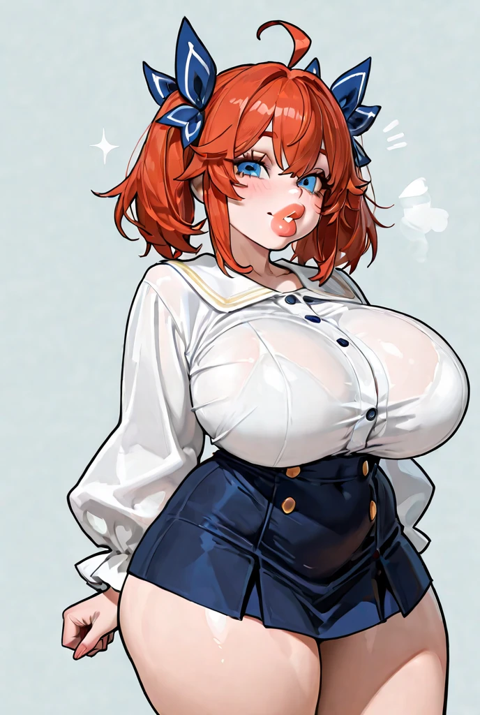 My name is Hikaru, I am a white test woman with long red hair and black eyes. I am 1.60 cm tall and weigh 46 kg. My breast sizes are 300 cm, my waist is 60 cm and my hips are 200 cm. Dressed in a white short-sleeved sailor uniform shirt and a navy blue miniskirt and white panties . With big breasts 300 cm