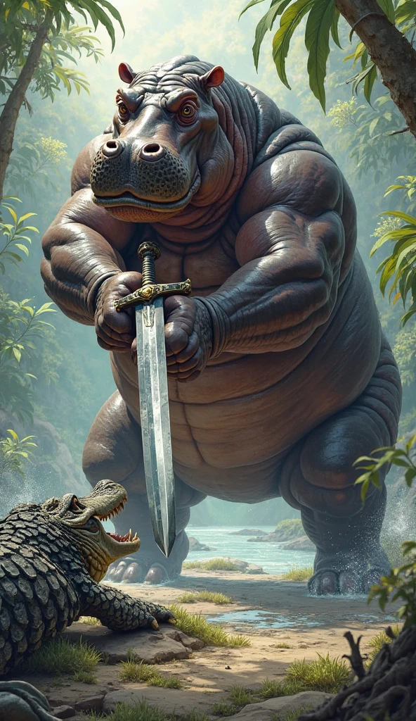 A fat black man holding a hammer rides a fat crocodile in the humid forest.