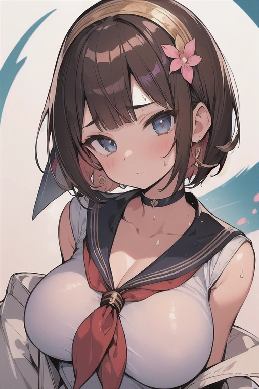 (intricate and super detailed anime style cute illustration),black hair,short hair,short sleeves school blezer uniform,big breasts,
open mouth,sweat,hyper cute,idol magazine cover,