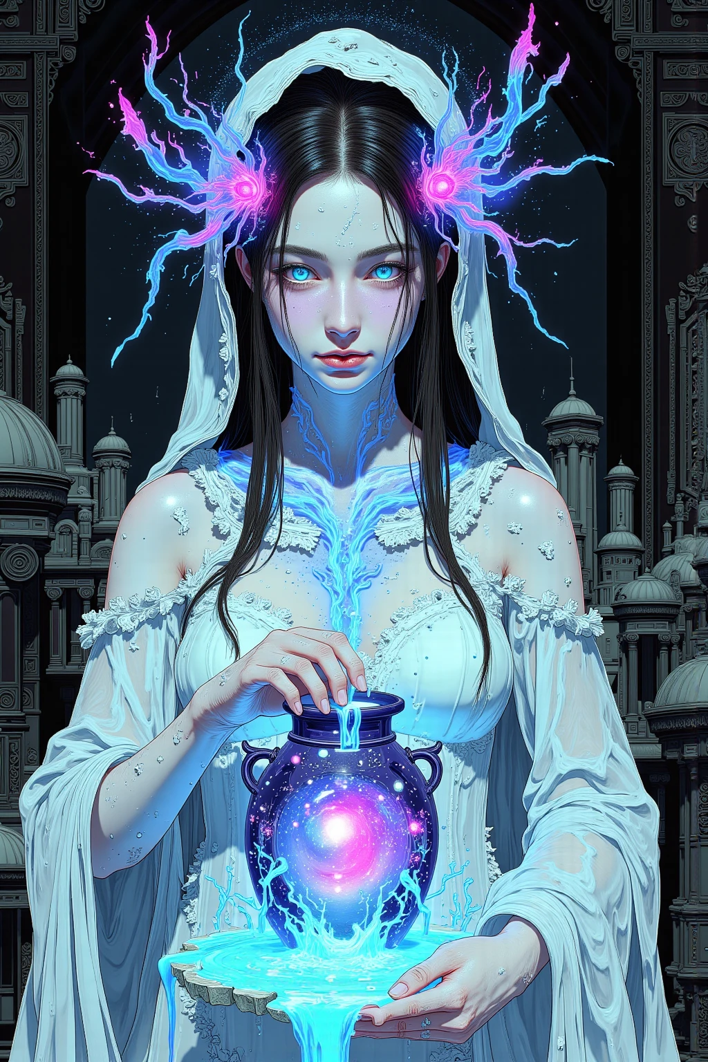 (absurdes, ah high, ultradetailed), ((A  girl)), a 1girl, androgynous vampire, High Stability, ((white colored hair)), pubic tattoo, ((Holds a magic sphere in his hands:1.6)). ((чрезвычайно детализированные обои CG unity 8k, intricate detials, (style-swirlmagic: 0.8), portraite of a, looking a viewer, 独奏, (full length: 0.6), dynamicpose, Detailed background, Madness in the eyes, floating in the air,  A Necromancer, Evil to the bone, Red clouds, casting spell, fireball, Dark hooded mantle, The Dark Circle, Underworld, Warhammer theme, bringer of false light, Dark clouds, floating chunks of dirt, decadence, Outgoing evil energy, dark aura, Broken shackles)), (cowboy  shot) junji ito 4 k, with long gray hair, ito junji art, style of junji ito, portrait of sadako of the ring, Gentle androgynous princess , Beautiful androgynous princess, nice feet, detailing, Burst breasts, extra high resolution, 8K, (Lovely Medium Breasts), perfect anatomy, (shapely body), Beautiful slender legs, Extremely detailed eyes and face, beautiful detail eyes, extremely detailed body, ((Gloomy color scheme:1.6))