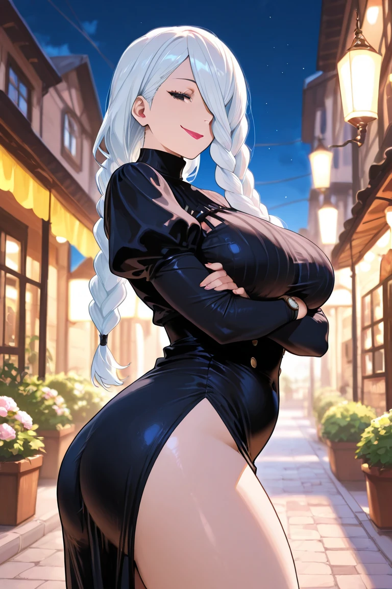 ((Sketch)), ((Watercolor)),((best quality)) ((best quality)), ((masterpiece)), (detailed), 4k image, anime style, beautiful adult woman, white braided silver hair, fit and trained physique, gothic mazi dress, modest sized breasts, slim curvy body, long slim legs, white eyes