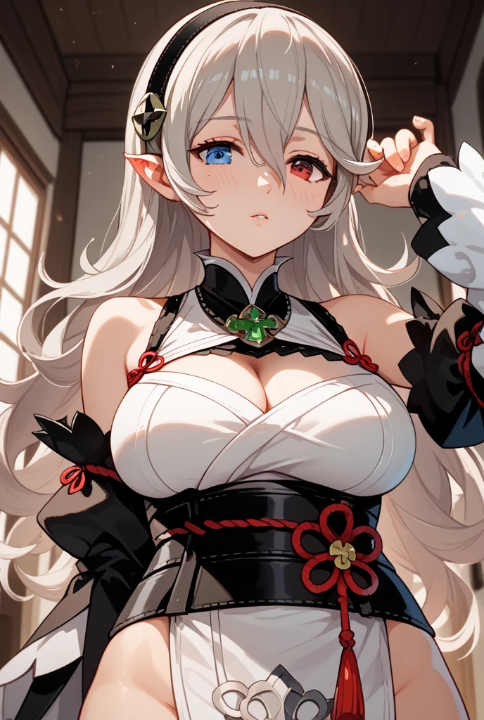 1girl, anime, cute girl, elf, blank background, white background, fantasy, detailed dark fantasy dress with highlights, beautiful face, beautiful eyes, dark colors, medium breasts, slight cleavage, beautiful skin, cute, silver hair, red eyes, breast curtains, extremely delicate and beautiful, (beautiful detailed face:1.0), (detailed deep eyes), symmetrical breasts, deep eyes, shiny skin, portrait, slender waist, hips wider than shoulders, thighs, young girl