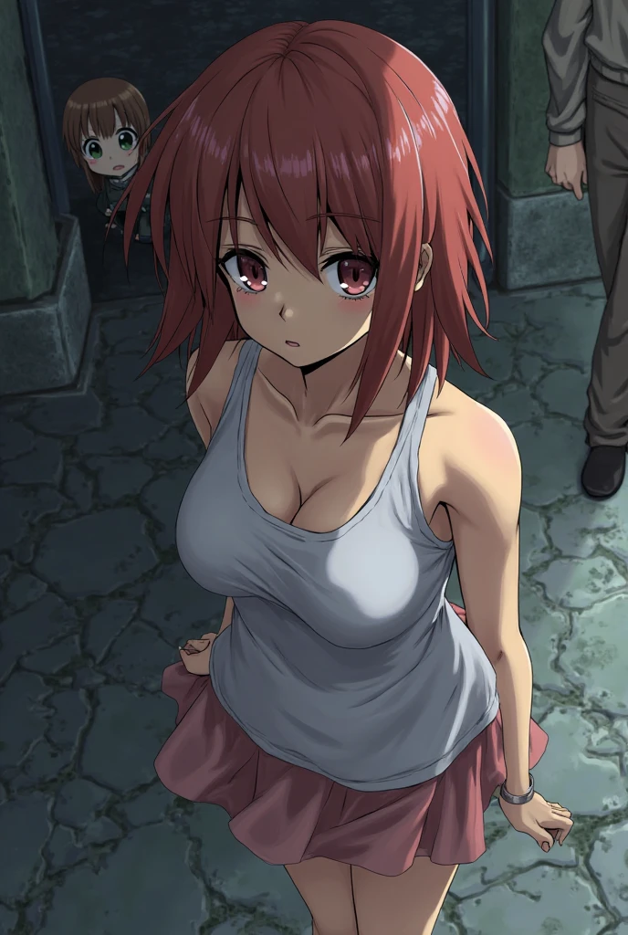 (((1 girl naked))),((The Old Wanderer's Clothes)) , (((8K,2 thousand.))),(tmasterpiece))), (((beste-Qualit))), (Ultra-detailed) ((highly detailed CG illustration)), ((Extraordinarily gentle and beautiful face)),,a 1girl,( ConceptArt) , , (tmasterpiece:1.2), (beste-Qualit:1.3), (One backstory, whitebackground: 1.3),(((CHARACTERS OF THE POST-APOCALYPTIC WORLD OF THE WASTELAND))), ((( Post-apocalyptic wasteland))), ((( Extremely embarrassed face))),, ((((Very red embarrassed face) ))), (((hides large breasts))), ((((hid around the corner)))) , (((hide-and-seek))), ((grimalkin)),((((leaning )))), ((((The eyes are drawn in the style of manga)))),(( The viewer between the legs )) , ( big breastes), ( red hair and eyes in the style of manga) , ((Chest shakes when running)), ((((The most agitated face with fear)))), (Random Pose) , (Random position of the hands), (((The brightest blush on the cheeks))) , sad eyebrows, (((covers the groin with his hand))), ((((exposure of half of the chest)))), ((Additional effects, Interaction),Pull the other, raised by another, (pulling clothes), Exposure of the butt, Groin exposure, Exposure ) ), (((does not look at the viewer))), ((Looks to the side)), ((frightened look)), (((Girl with a close focus))), ((((exhibitionism))))