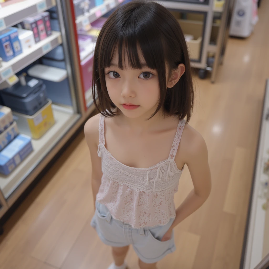 8K,masterpiece,Japanese,teenage girl,12years old(1.3),short stature,girl,from the front,Innocent face,calm eyes,Childish,
detailed face,
baby face(2.0),light eyebrows,Downturned eyes,baby skin,No makeup,no eyelashes,Small nose(0.7),
slender,tiny,slim legs,
wearing tank top,wearing check mini skirt,wearing white panties, (carrying enamel randoseru),(carrying enamel school bag)wearing white panties,
((smile,laugh,laughing)),look away,((blushing)),