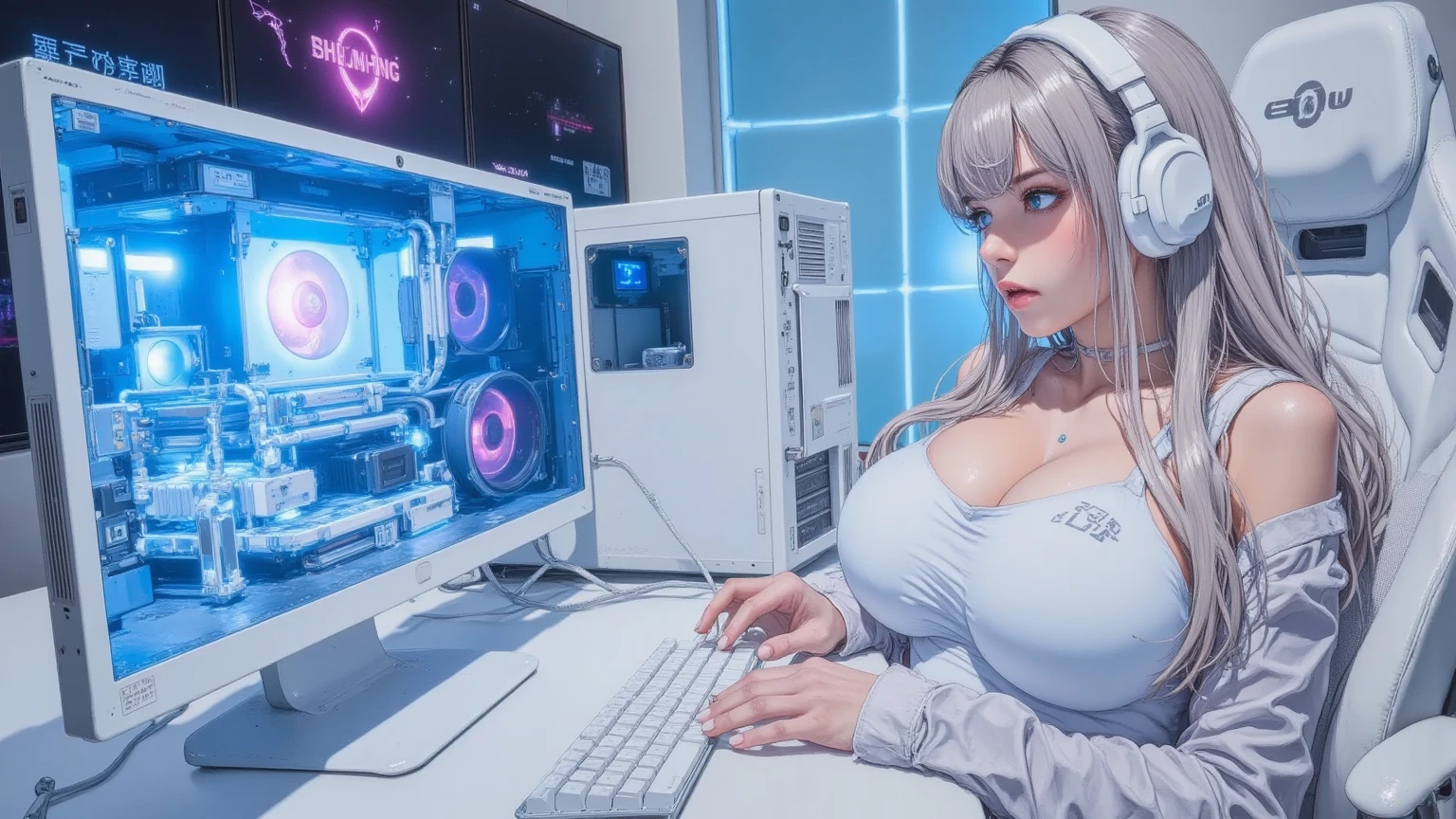 ((best quality)), ((masterpiece)), ((ultra-detailed)), (illustration), (detailed light), (an extremely delicate and beautiful),
(((solo))),
(a beautiful cute girl),
((headphone)),(hoodie),
((cyberpunk room)),indoors,(computer,screens),data stream,window,
((sitting on Gaming chair)),
(beautiful eyes),white hair,(White underwear),(Two hands:1.5), sexy lips, curvy, milf, titsnipples, gigantic boobs