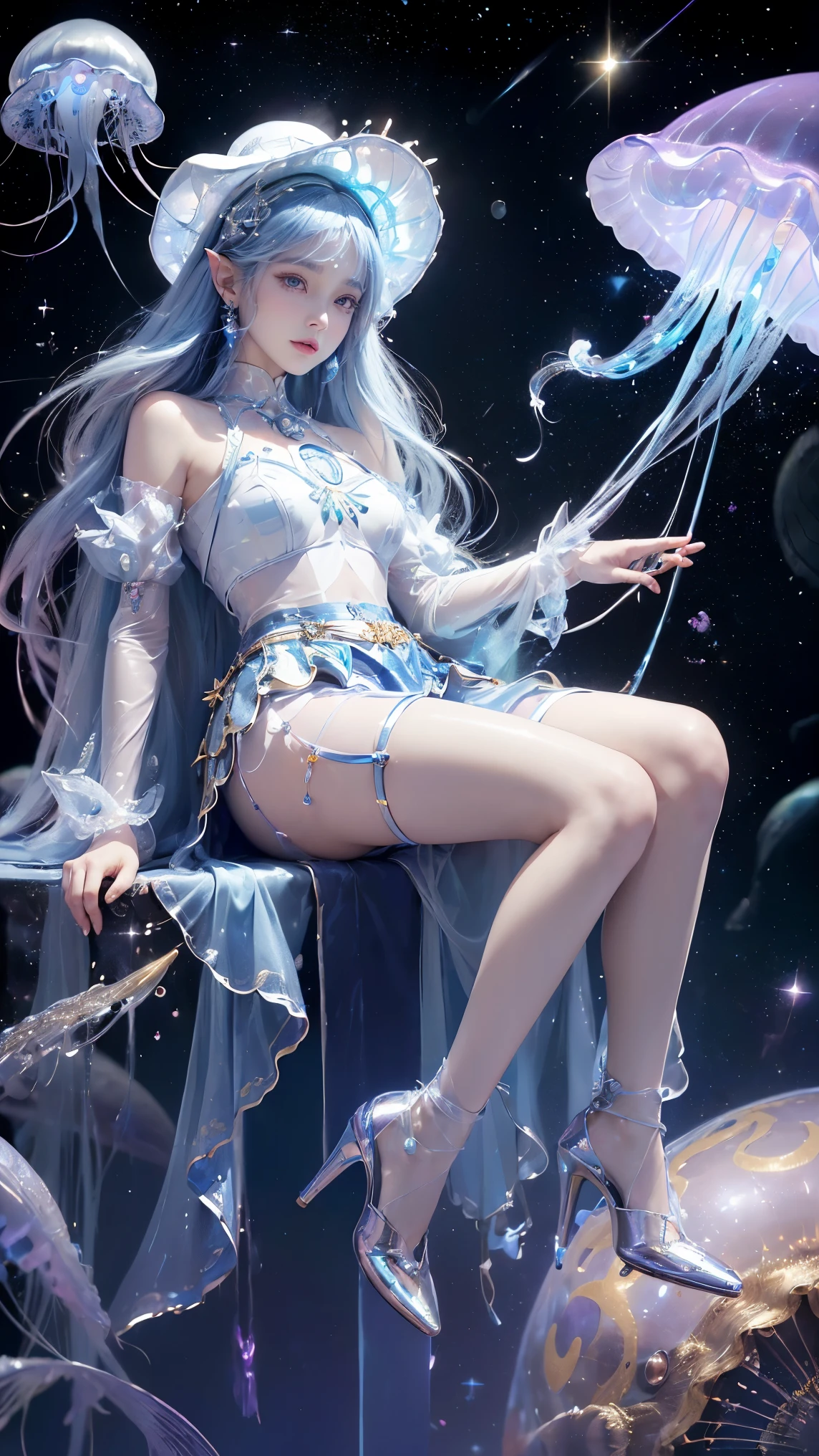 An ultra-high picture quality、(((full body Esbian)))、frontage、bilaterally symmetrical、((The background is a very dark Milky Way))、(((Planktonic)))、colourfull、muitoリアルHuman texture、 ((( very cute beautiful skinny prague white girl)))、((Very white skin of a 14-year-old irl with blood vessels showing through))、(((very long and high nose of a white woman,,,,,,,,,,,,,,,,,,,,,,,,,,,,,,,,)))、(((Under the short nose)))、(((no-makeup)))、( Height 164 cm、head length 20 cm、leg length 82 centimeters,)、Normal shoulder width、Long arms、Long Torso、long neck、Long below the knee、Thin little face、Natural double eyelids、 (1girl in:1.3), Light persona, Dark Persona, mind control, fractral, ceiling, Artistic background, Geometric, organics, blessings, favor, noble, unfolded, elucidation, antigravity, Antimatter, holy, Sacred, spiritual, Dignified, Luminescent, Holographic, About Magic Circle, photons, scales, Beak,(artistic)、(((The most fantastic bright light blue eyebrows))),,(((Ultra high resolution pale light blue silver hair and silky thin shiny eyebrows,,)))、(((Super luxurious petite see-through Western style long dress full of luxury accessories)))、(((Beautiful white skin with hair and pores,)))、(((Extremely delicate and brightly colored targets)))、(((Beautiful glowing caucasian woman with bright light blue iris iris eye with ultra high definition pattern)))、(((I love you))),(((Small drooping eyes with a gentle feeling)))、(((very thin eyelashes)))、(((Realistic naked eye)))、High Definition Lip、(((Cute girlish hairstyle spreads softly................................)))、(((A Princess)))、(((large chest directed upwards in a very three-dimensional pointed shape,,,,,,,,,,,,,,,,,,,,,,,,,,,,,,,,)))、(((Dreams)))、(((Your imagination)))、(((Fluffy High Half Twin Tail Hair)))、Luxurious Princess Tiara、Luxury Princess Necklace、(((Looking at the camera)))、(((A gaze to look here)))、((With movement))、(((princess dress)))、(((valkyrie)))、(((Reflective iron bikini armor)))、((s Arm