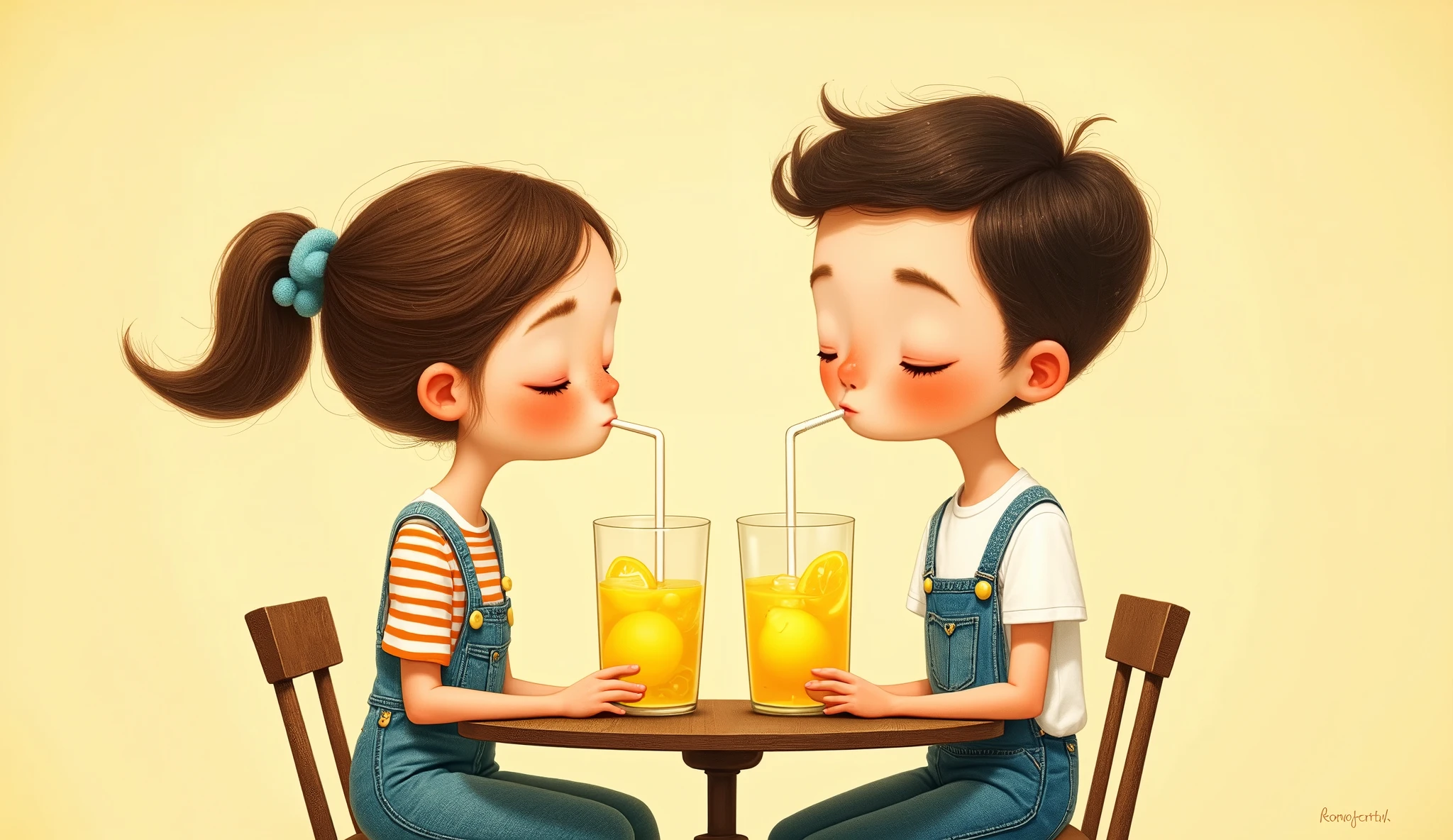 whimsical art style, pop surrealism, emotional art, A couple drinking lemonade from one glass, through straws; both the girl and the boy are tall and thin, with slightly large heads. She is wearing a striped top and a dungaree, while he is in a white t-shirt and jeans, both sitting at a table, in a simple yet graceful and harmonious drawing. color palette Brass, Key Lime, Red (RYB), Sapphire, Cornflower Blue, background mix of shapphire and brass.