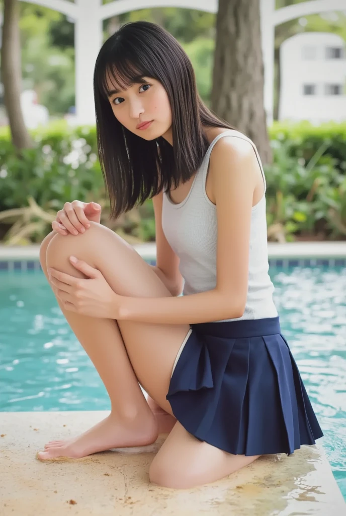 nsfw, ((((completely nude)))), (((naked))), nipples, breasts, Beautiful nipples, Pink nipples, pussy, 1girl, 25 years old woman, Beautiful Japanese woman, ((Track jacket)), (((Wear a track jacket open the front while naked))), ((Wear the front zipper Track jacket with the front open)), (((front zipper Track jacket))), (perfectly detailed face), Cleavage, Small breasts, medium breasts, cute face, White skin, beautiful face, healthy thighs, accurately drawn face, slender, wet skin, shiny, In the indoor swimming pool, precise fingers, exact limbs, ((looking at viewer)), smile, Indoor, (bright lighting:1.2), perfect lighting, sitting by the pool, ((Place your hands behind your back)), ((I can see your thighs)), ((Spread your legs)), M leg, photorealistic, (bokeh), feet out of frame, UHD, anatomically correct, highres, accurate, textured skin, highres