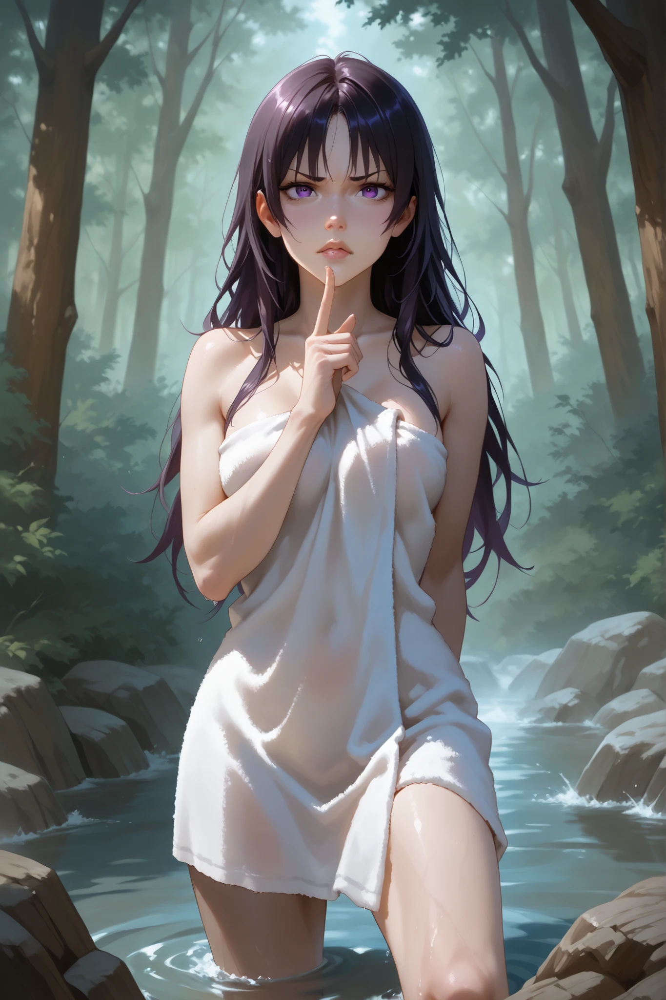 A witch girl with long dark hair, with her purple eyes and a stern look, aggressive facial expression,  lips pursed, is wrapped in a towel and holds a towel with her hand, points a finger, the riverbank in the forest,  knee-deep in water 