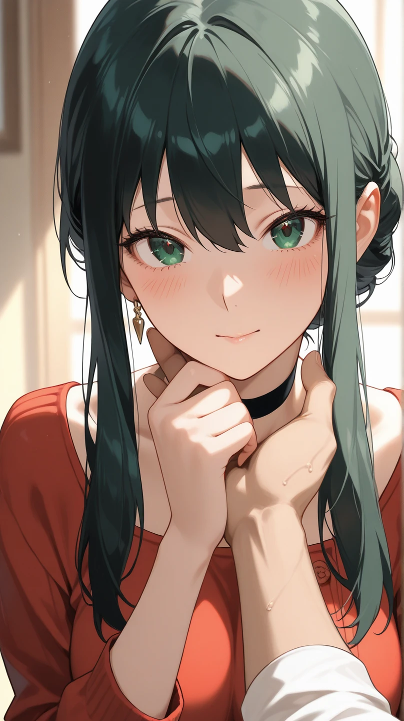 score_9, score_8_up, score_7_up, score_6_up, uncensored, miyako ishida, long hair, bangs, blonde hair, black hair, hair between eyes, green eyes, multicolored hair, two-tone hair, BREAK (masterpiece:1.2), best quality, high resolution, (detailed eyes:1.3), perfect lighting, (perfect hands, perfect anatomy), large breasts, sitting, indoors, head rest, from below, casual, ribbed sweater, jeans, table, fellatio gesture, tongue out, saliva, gasping, heavy breathing, blush face