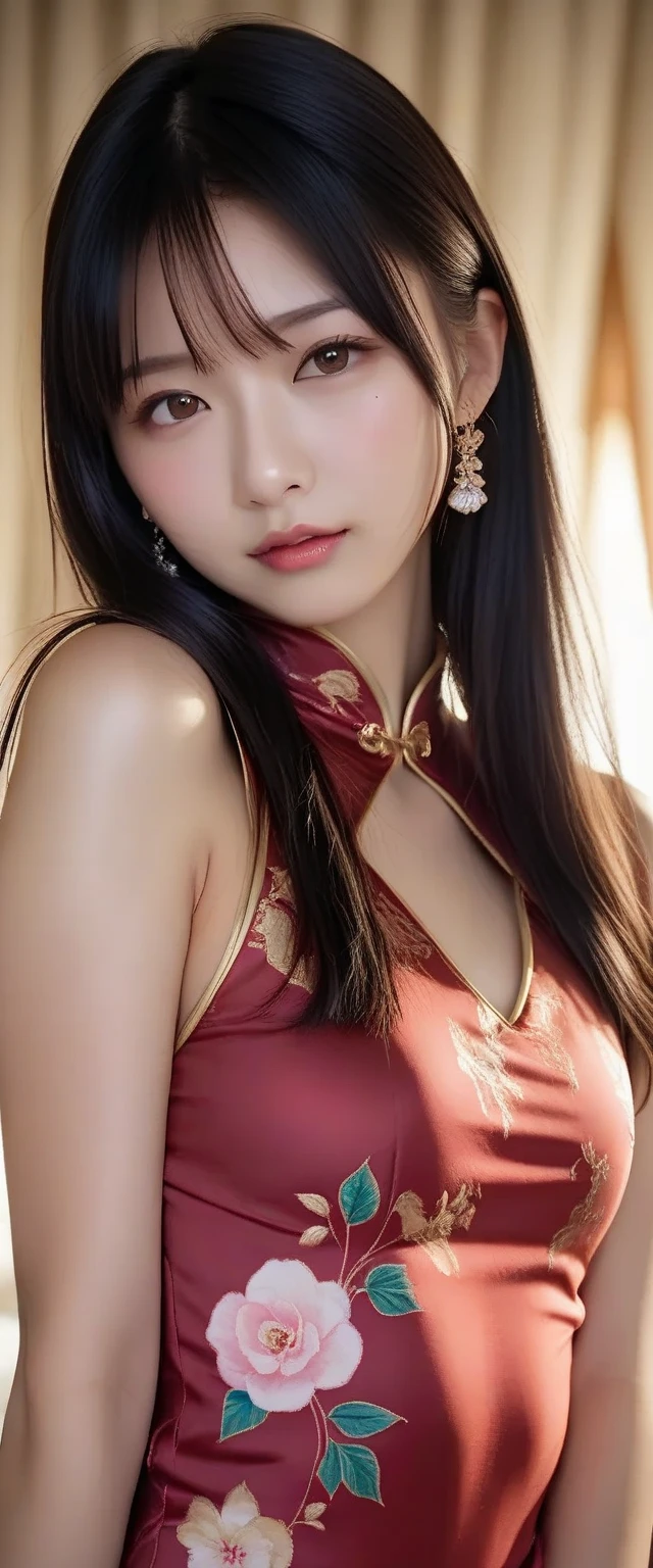 Incredibly beautiful proportions、Incredibly bewitching、10 head and body,Breathtaking.Breathtaking.Pleasure that goes through、突き抜けるorgasm、Incredible joy、orgasm、orgasm、orgasm、orgasm、orgasm、Breathtaking.Breathtaking.Breathtaking.One Girl, Highest quality、masterpiece、Ultra-high resolution、(Cowboy Shot),(Realistic), (Ultra-realistic), (Ultra-high resolution), (Ultra-high resolution), (One Girl), ((Ultra-Realistic Details)),(Realistic:1.4)Beautiful Face, Cute face, 、RAW Photos, Highest quality,masterpiece,Highest quality,Ultra-high resolution),Best Images, (8K, RAW Photos, Realistic), A neat and beautiful Japanese woman, Rainbow light brown straight hair, big, Sparkling blue eyes, Long eyelashes, double eyelid, Half-open crimson alluring moist big thick lips, Large Breasts, Side bust, Down , Abdominal muscles, thin, Perfect proportions, whole body, Black ao dai with gold embroidery, Blurred background red