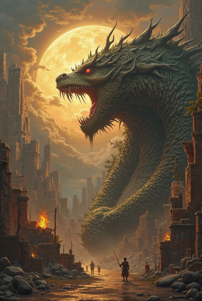 Illustrate a 250-meter tall, dragon-like Kaiju attacking a historic city with ancient architecture. The Kaiju should have massive wings, scales, and a long, serpentine tail. Show it breathing fire, with flames engulfing the old buildings and monuments. The city should be depicted with cobblestone streets, historic landmarks, and ancient structures. Highlight the dramatic contrast between the ancient cityscape and the fiery destruction caused by the Kaiju. 8K, extremely detailed, intricate details, photorealistic, masterpiece, cinematic lighting, dynamic composition, muted color palette, moody atmosphere, dramatic shadows, awe-inspiring scale, kaiju with expressive faces, maid uniform with delicate lace and ribbons, lair with intricate architecture and advanced technology, cityscape in the background with skyscrapers and landmarks, FOCUS ON THE CREATION OF FACE