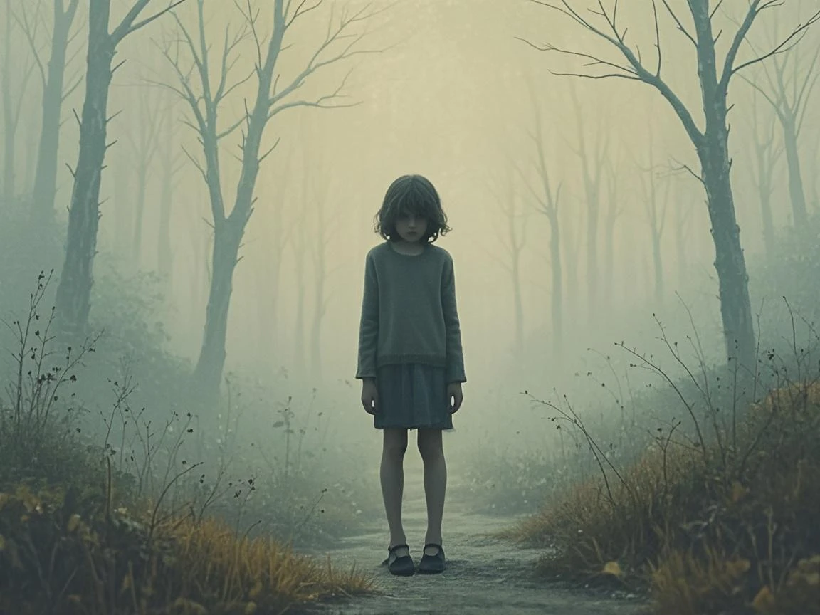 A girl is standing on a very sad background