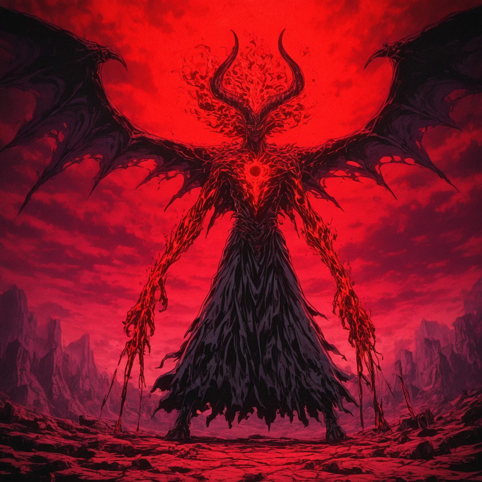 A monstrous creature, made only of blood and nothing more than just the red liquid, where from the waist down there is only a pool of blood from where it came out. This chilling and surreal image is of a painting that depicts a creature unlike any other. The detail is extraordinary, with the blood appearing almost natural in its texture and color, the horn contrasting sharply with the red background. The overall tone is horrific and mesmerizing, inviting viewers to delve into the dark and mysterious world portrayed in the artwork.