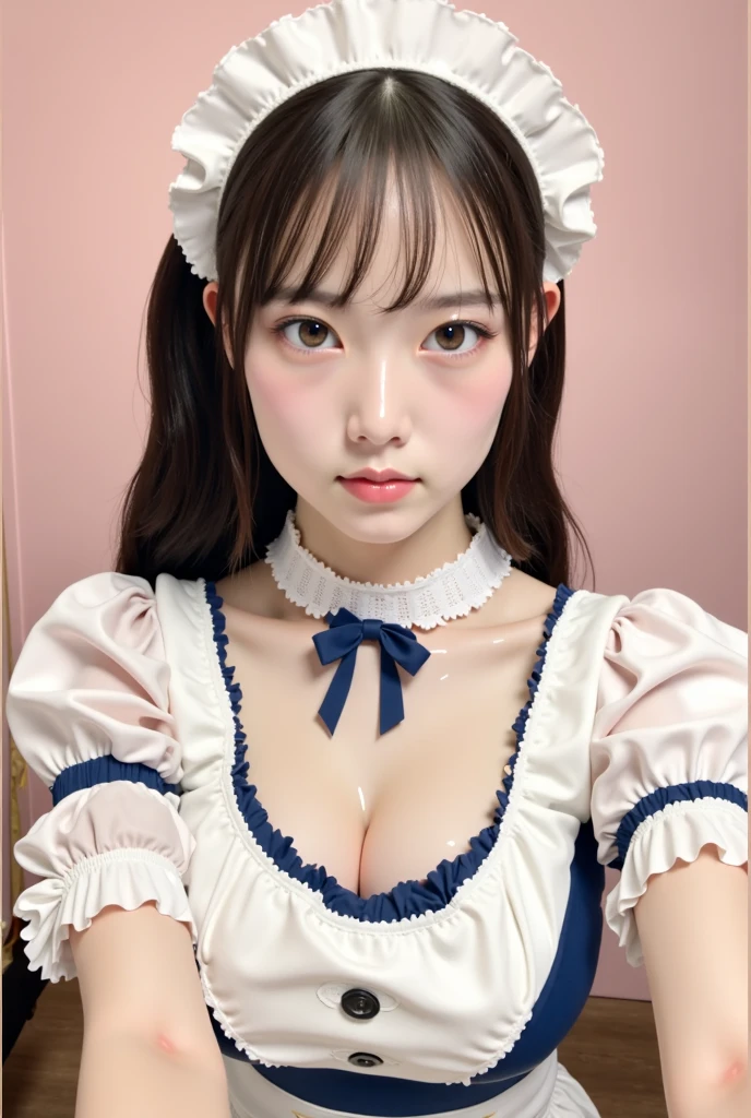 RAW photo, (8k), (highest quality: 1.2), (real), (real: 1.37), ultra-high resolution, (highest quality, 8K, 32K, masterpiece: 1.2), (high resolution), (8K), (high resolution), (highest quality, 8K, 32K, masterpiece: 1.2), Create an image of a young woman dressed as a maid in a blue and white checkered outfit. She is sitting in a corner with pink walls, crouched down while making a cute pose by pressing her fingers against her cheeks. She has long black hair styled in twin tails with bangs, and she is wearing a blue maid headband with lace trim. The outfit includes white stockings and white shoes. The overall atmosphere is soft and pastel-colored.