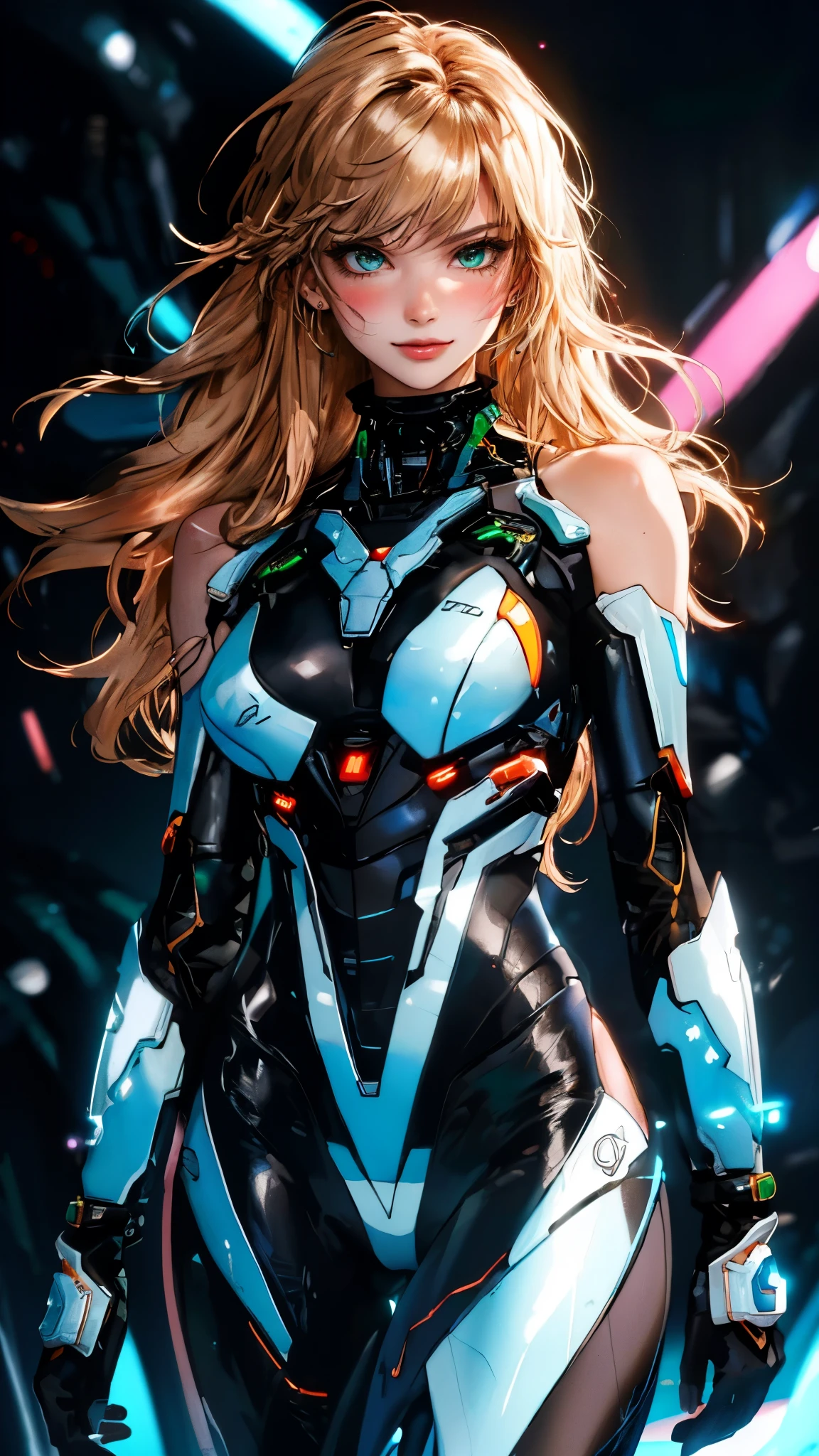 masterpiece, best quality, a beautiful woman with long shiny hair, choppy bangs, delicate face, passionate gaze, perfect smille, blush, seductive expression, tall and fit figure, perfect body, perfect skin, seductive pose, sexy Futuristic Technological Nanogel Clothing, the color scheme is primarily White with Green accents, this character embodies a finely crafted sexy beauty, exquisite and mature art style, mikoyan, anime aesthetic, simple shading, cell shading, goddess, feminine, exquisite photography, depth of field, bokeh, photorealistic, even and soft lighting on face, dramatic, high definition, highres, ultra detailed, professional photo, perfect body proportions, anatomically correct, symmetrical face, extremely detailed eyes and face, perfect eyes, high quality eyes, creativity, RAW photo, UHD, 32k, portrait lighting, cinematic lighting, (masterpiece-anatomy-perfect:1.2)