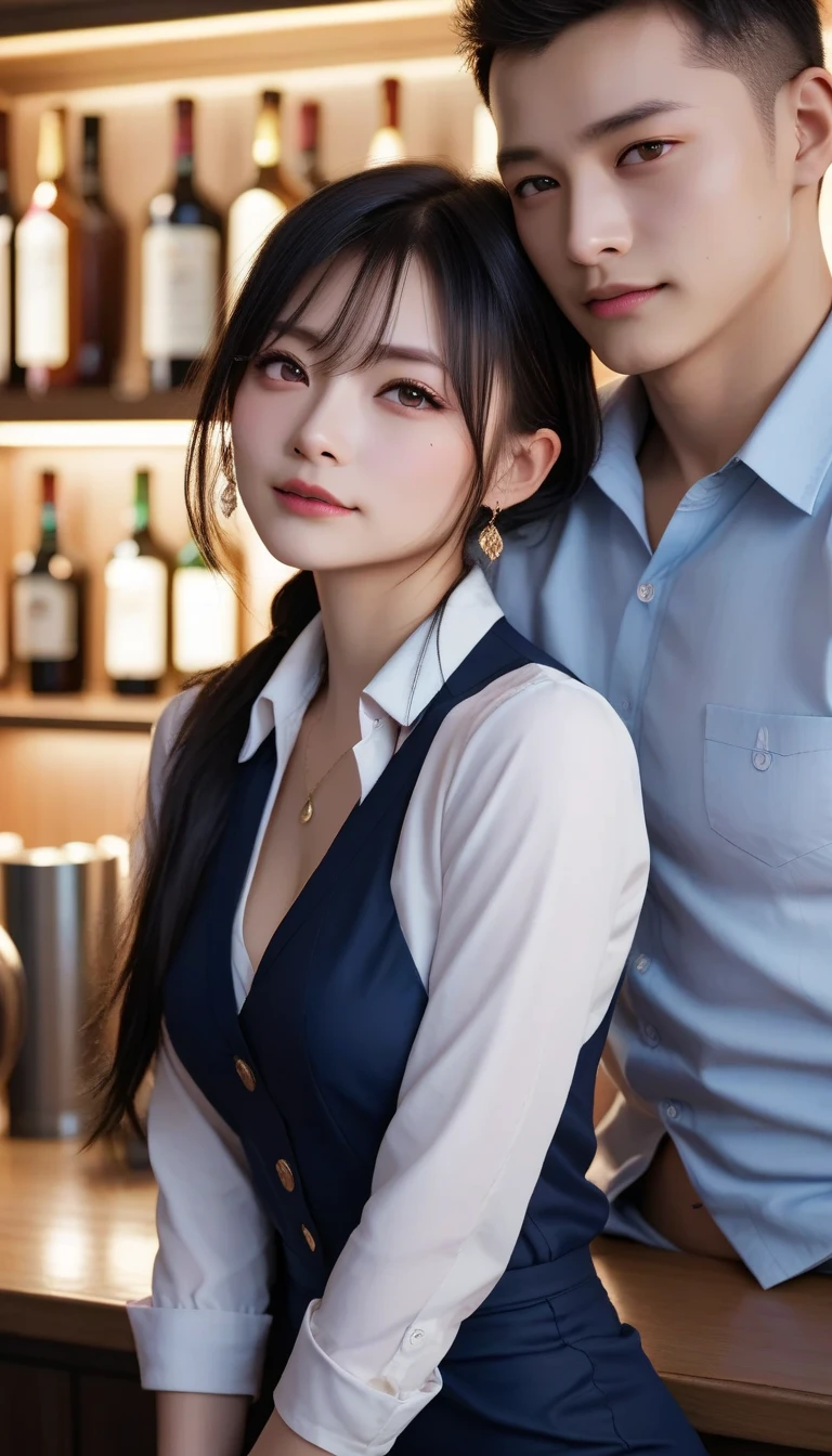 highest quality、4K quality、Man Attacking、A bartender woman embraced by a man、slender、Small face、16 years old、Man touches woman's chest(1.7)、bar counter、nude crotch、The man presses his hips against the woman's thighs from behind(2.0)