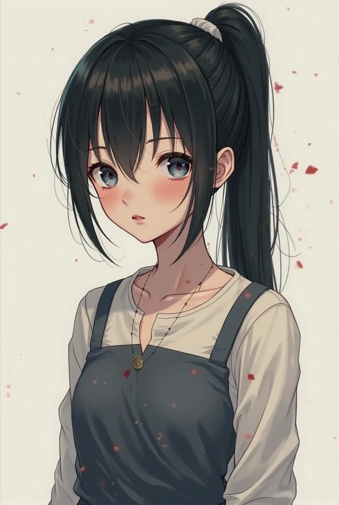 12 year old white girl with black hair with a ponytail with black eye color full body. 