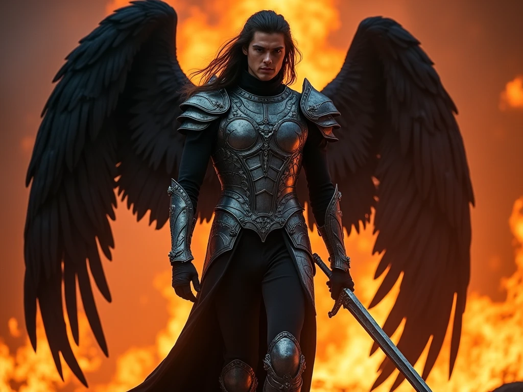 A fallen angel, Lucifer, androgynous in appearance, with black torn wings and drooping feathers. His eyes are a deep, fiery red., full of anger and defiance. He has long, dark, tousled hair that waves violently around him.. He wears dark and damaged armor, with demonic symbols engraved on it. Wields a huge two-edged sword, with a dark and menacing glow. The background is an apocalyptic landscape, with stormy clouds and flames surrounding it. The lighting is dramatic, with deep shadows that accentuate his facial features and the muscles of his body. artistic style: Hyperrealism, dark fantasy.