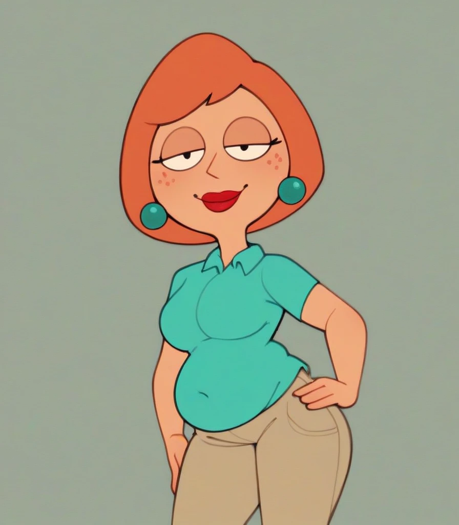 meg, brown hair, 1girl, glasses, solo, short hair, flat color, blue short shorts, beanie, pink bikini top,standing, hand on own hip, looking at viewer, smile, extra large breasts, thick thighs, thin waist, tall open-toe platform high heels