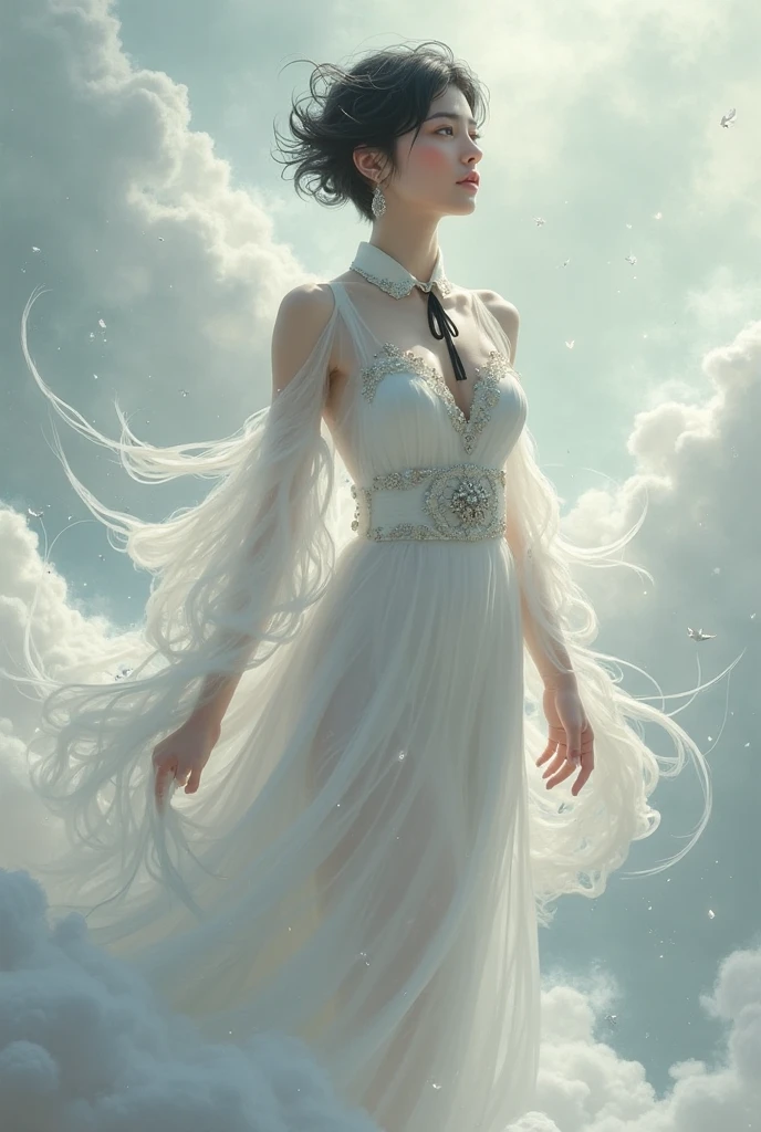 tmasterpiece,top-quality,optimum,offcial art,Beautiful and aesthetic,Long exposure:1.2),Smooth movement,Charming Patterns, 1 rapariga,(Long skirt with sleeves:1.3),(((white clothes))),upperbody closeup,No shoulders,ChineseGirl,Blushlush,Black lob hair, sportrait,独奏,The upper part of the body,Gaze the observer,detailedbackground,Detailed face,(crystallineAI, crystalline theme:1.1),Elemental Wind Elves,Swirling wind,Control the wind,White crystal clothes,dynamicposes,particles floating,Ethereal power,whirly,vaporous,Whirlwind in the background,White tones,whirly,Ethereal atmosphere,
