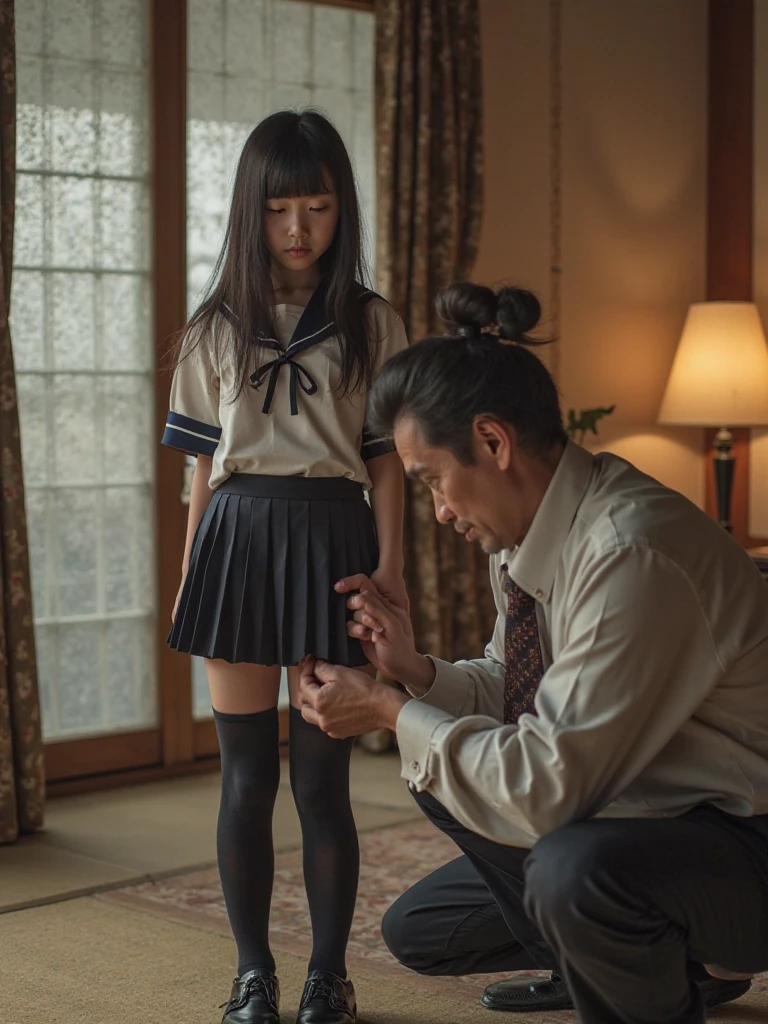 ((Grandfather has his granddaughter on his knees.)). ((Grandfather kissing granddaughter on the mouth)), The granddaughter is attractive. ((rubio)), thin face of a top model, in school outfit, she is and ((grandfather puts his hand on the girl'crotch)) ((in front of grandfather)). side view , long legs, black platform high heels, Full body photo, school girl, ((grabddaughter is on knees)), sexual, ((grandfather lifts granddaughters skirt))((grandfather touches granddaughters underwear))