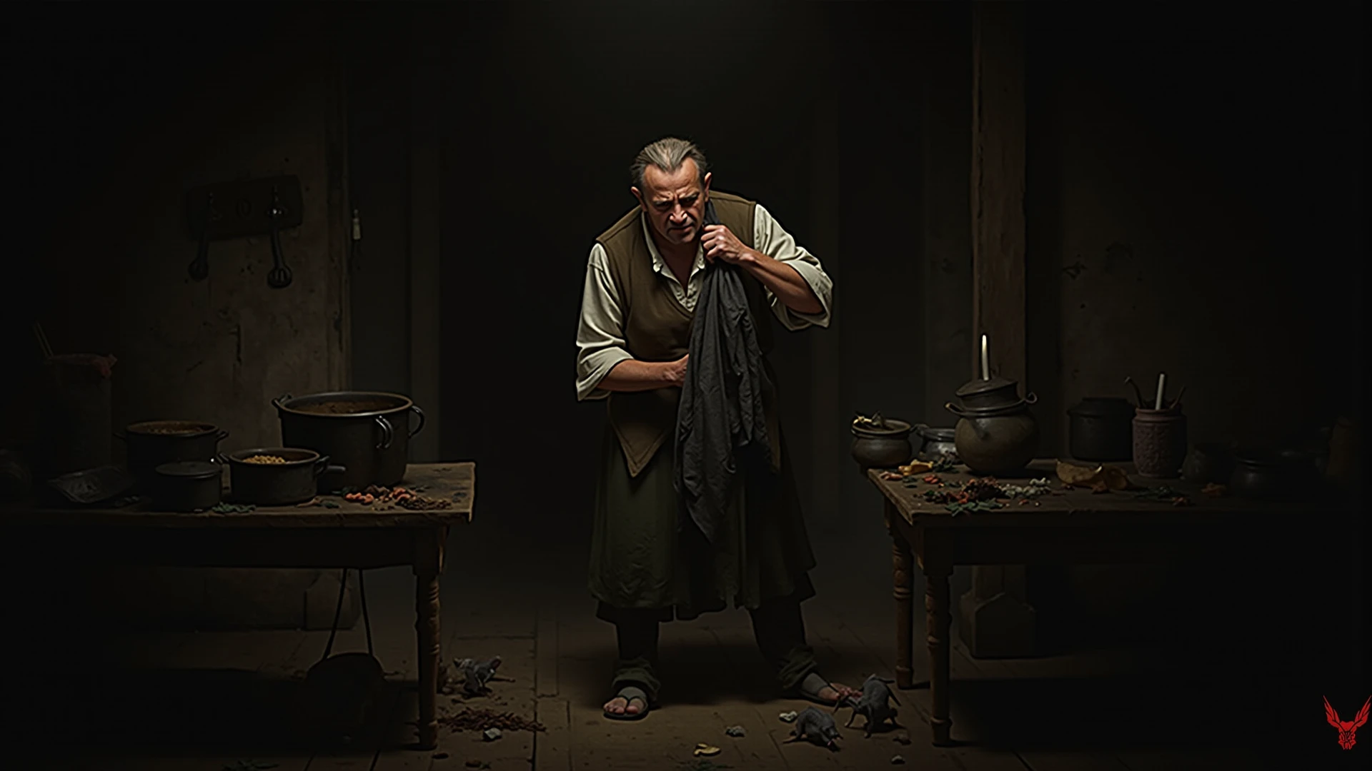 An ugly old man with torn clothes carrying a burlap sack on his back and a looking scared at the old man in a dark alley