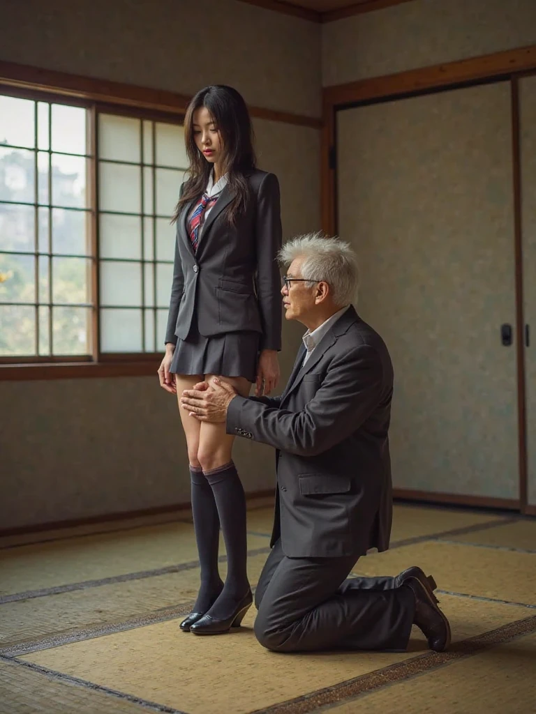 (masterpiece), best quality, ((old man in blue suit and black suit holds)) (((nude naked nude naked young asian teen girl who wears a paper crown and holds a book with logo on it and shouts))) and has short hair and has medium breast and nipple and vagina and earring and necklace and wristwatch , man students in the background, man students in the background, classroom setting, school classroom,