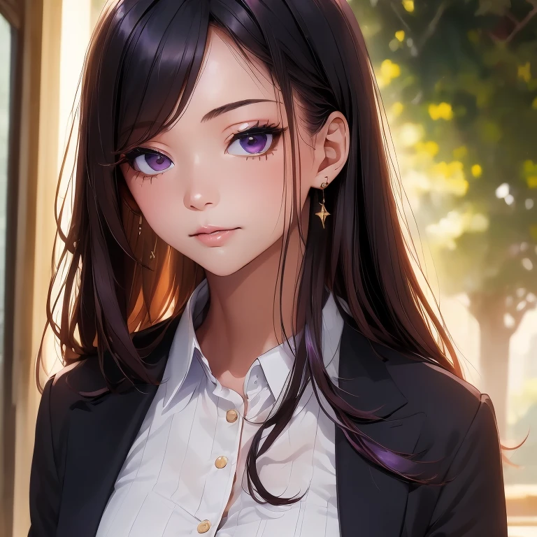 (Best Quality:1.1), (masutepiece:1.2), High quality shadows, Beautiful detailed, Beautiful face, Detailed eyes, depth of fields, hight resolution, Best Shadow, Best Illumination, 1girll, view the viewer, Black hair, Blunt bangs, Long hair, Purple eyes, Shy, Large breasts, Miniskirt, Blouse, Blazer, pump, Office Lady, cleavage、In the office