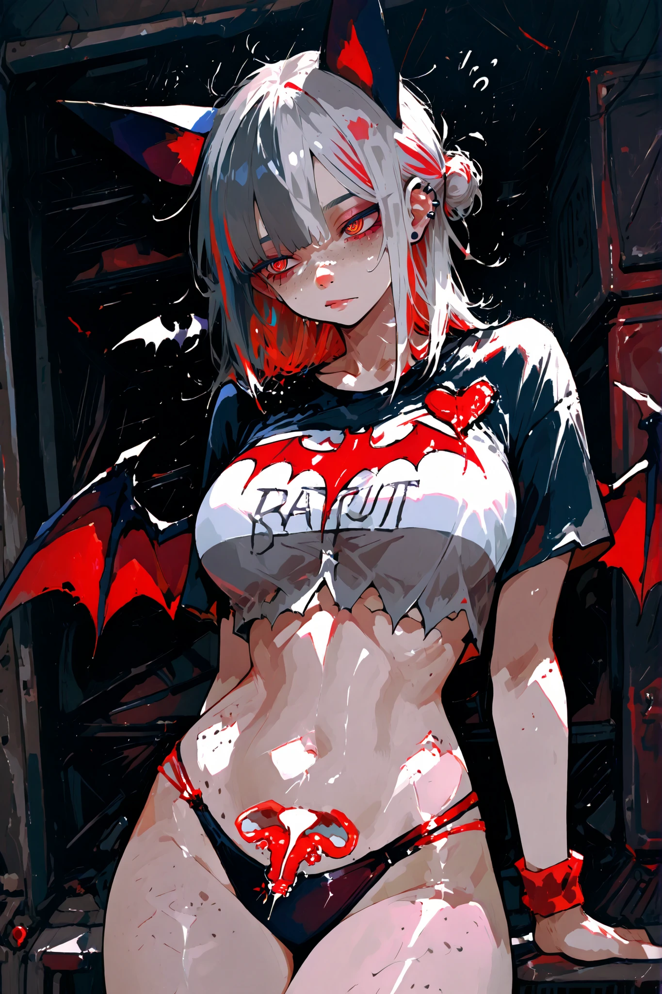 orgasmo.Bat ears.Batgirl.ear piercing.slotted ear.ringed eyes.eye reflection.Multicolored Eyes.gradient eyes.red nose.afterglow.cara safada.hair bun heart.messy hair.fringe tied back.cropped crew.medium hair.hair striped hair split-color hair bicolor hair colored inner hair hip drops thighs large breast medium gray half tan freckles on the shoulder on the belly on the face. white belly spot. vitiligo. ritualistic tattoo on the chest wrist abdomen waist uterus in the shape of a bat. red eyes. cyber punk style clothing. cinematic lighting. Bat wings at the waist.