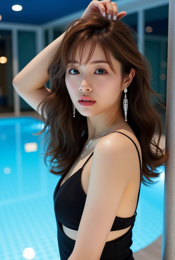 Dark brown hair、Light brown eyes、Japanese actress、I am about 40 years old....、Saint-Tropezにあるテラスレストランで、Nice views、Originally、Enjoy a delicious meal on the terrace、背景にはSaint-TropezのNice viewsが広がる、A dress with a resort feel、Halter neck、Sandals、Night view、Deep sorrow、Weak、Weakened pose、Deep sorrowの表現、Saint-Tropez、at an oblique angle、