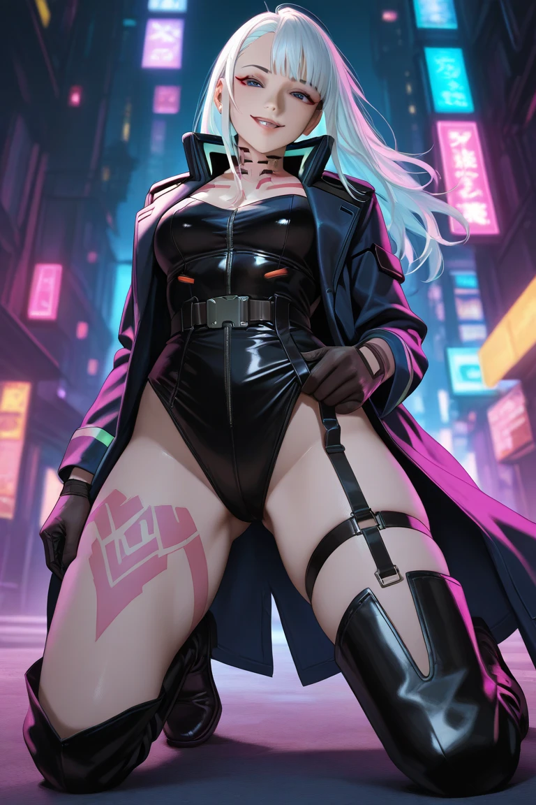 android 18,yorha 2b,raiden shogun,mordred, samus aran,overwatch,atelier ryza,close up,mountain view,tattoos,royal gray and gold plugsuit,white short sleeve formal top,black formal tie,thunder embroidery short sleeve formal coat,steel cargo leggings,short punk hair,punk makeup,blue eyes,multicolored silver hair,cyberpunk gloves,sexy smile,freckles,beautiful girl,cyberpunk high heels,large breasts, 8k,ultra detailed,realistic,fantasy art, thunder armor,hair pin,ear piercings,(weather:thunderstorm),1girl,gold neck and hand jewelry,glowing thunder sword,