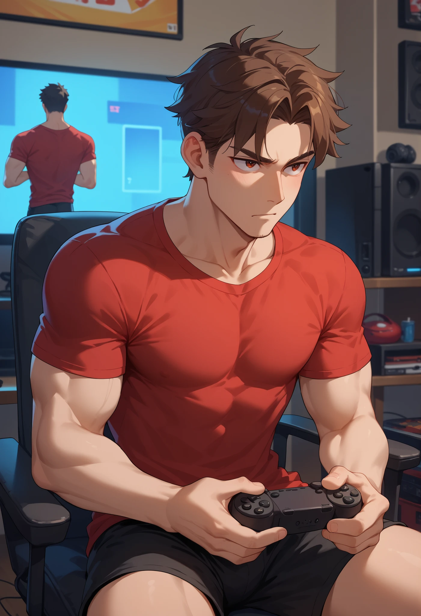 A white boy with greenish brown eyes playing video games, White shirt, brown hair shaved on the sides, ultra HD, HD, high resolution