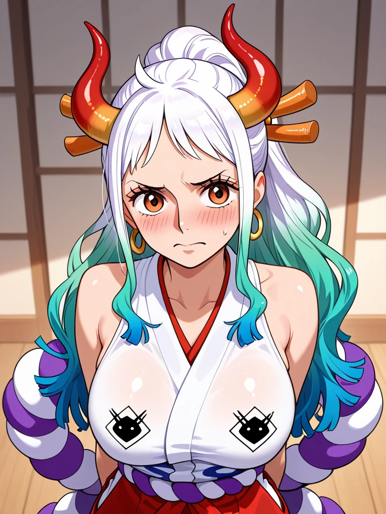 score_9,score_8_Excellent,score_7_Excellent,score_6_Excellent, yamato \(one piece\), One Girl, Clothes are out of place,alone, kimono, Multicolored Hair, jewelry, Earrings, Sleeveless kimono, hair ornaments, kimono, Wrapping Angle, Long Hair, they are, Excellentper body, Confused face,?mark, rope, Huge breasts,huge boobs ,Nipples sticking out,Being shown the BBC, hairpin, Sleeveless,shimenawa, White Background, Mouth closed, hoop Earrings, Bare shoulders, Simple Background, ponytail